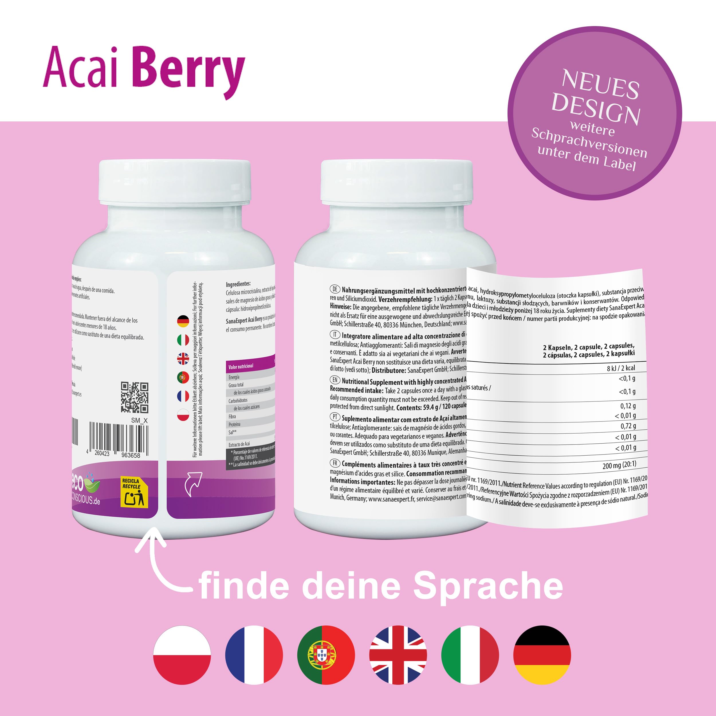SanaExpert® Acai Berry, Nahrungsergänzung mit Reinem Açaí-Beeren-Extrakt, 120 Kapseln, 4000 mg Tagesdosis, Antioxidantien, Vegan, ohne Zusätze, Made in Germany