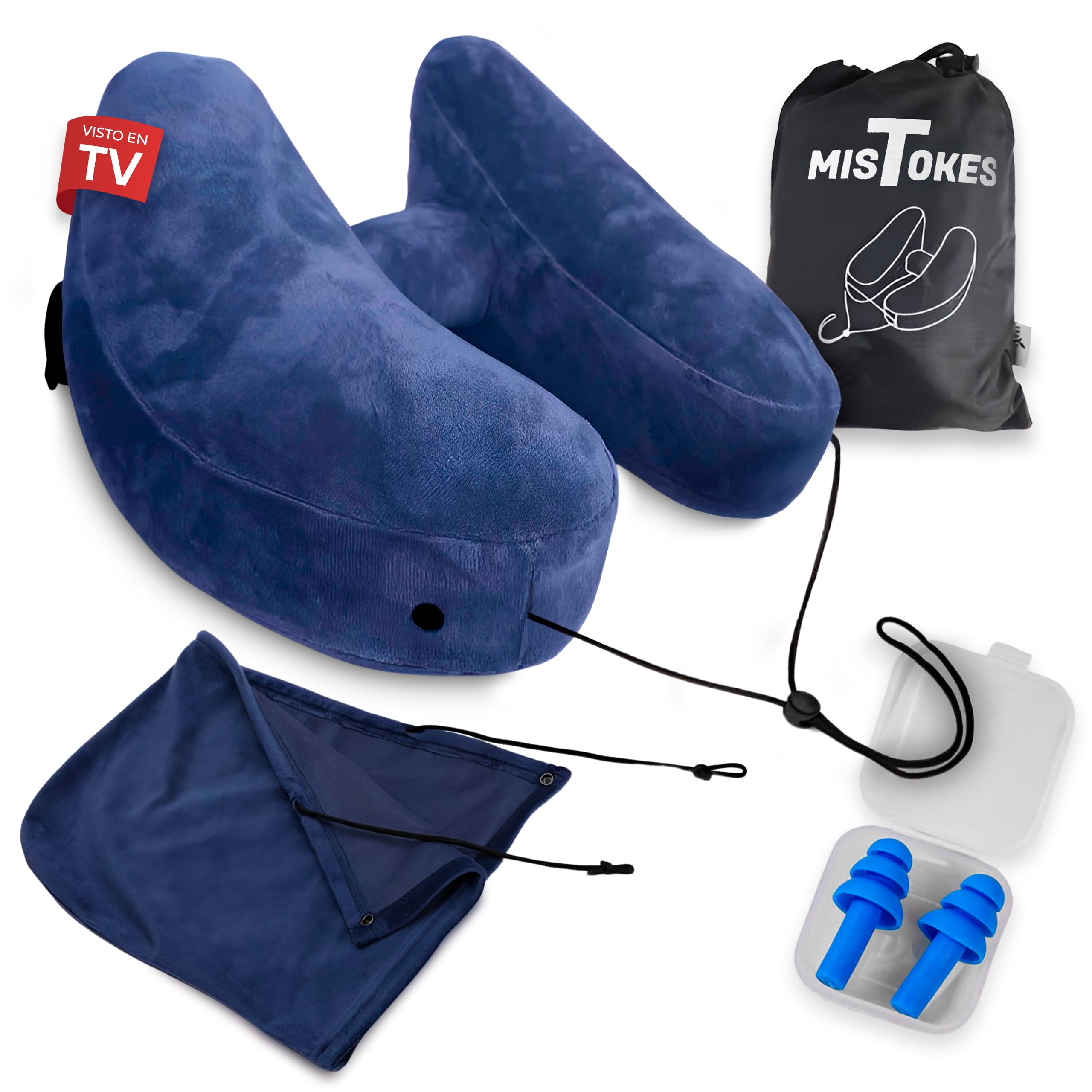 MISTOKES Almohada Viaje Hinchable - Almohada para Avion Ajustable - Kit Viaje Avión con Accesorios - Cojín de Viaje con Tapones y Capucha Incluidos - Accesorios Viaje Cojin Cuello Acabado Terciopelo Azul