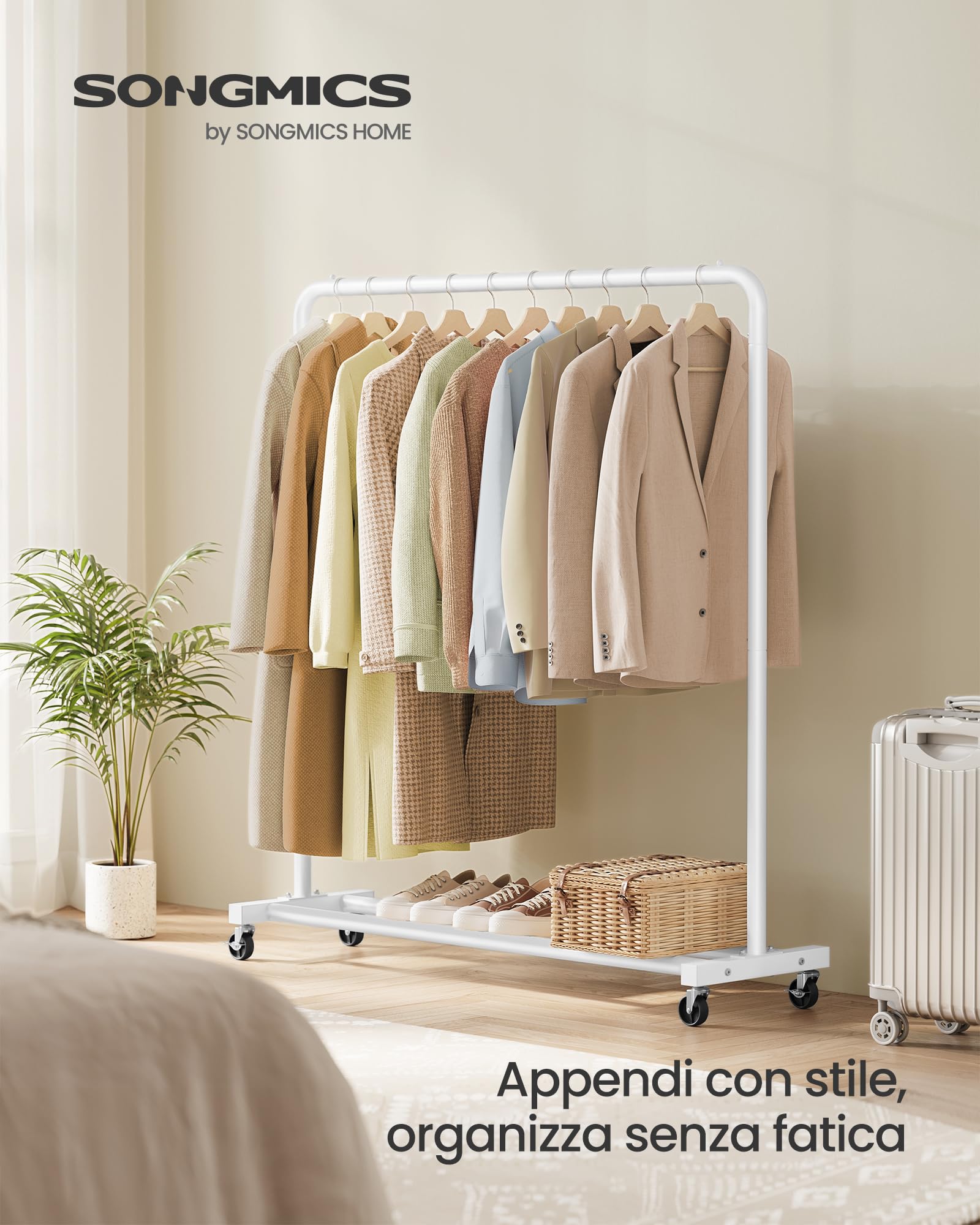 SONGMICS Stand Appendiabiti con Ruote, Attaccapanni, 2 Ruote con Freno, Camera da Letto, Portata fino a 50 kg, 38 x 110 x 141,5 cm, Bianco Opaco HSR016WG01