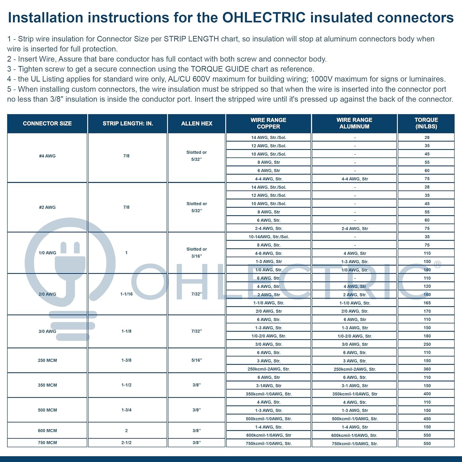 OHLECTRIC Paquete de 10 conectores de cable aislados de 2 puertos de entrada de un solo lado para lengüetas de rango de cable 1/0-14 con tornillo hexagonal 3/16, prellenado con inhibidor de óxido