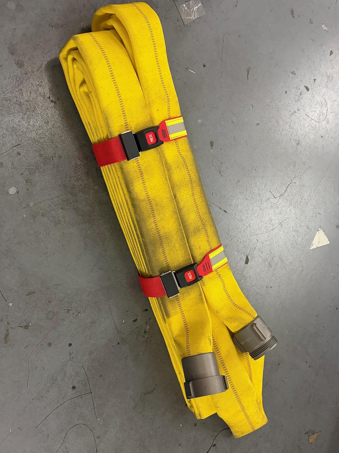 Firefighter Hose Bundle Straps Red Webbing, Seat Belt Buckle Closure, Reflective Trim (27" Length)