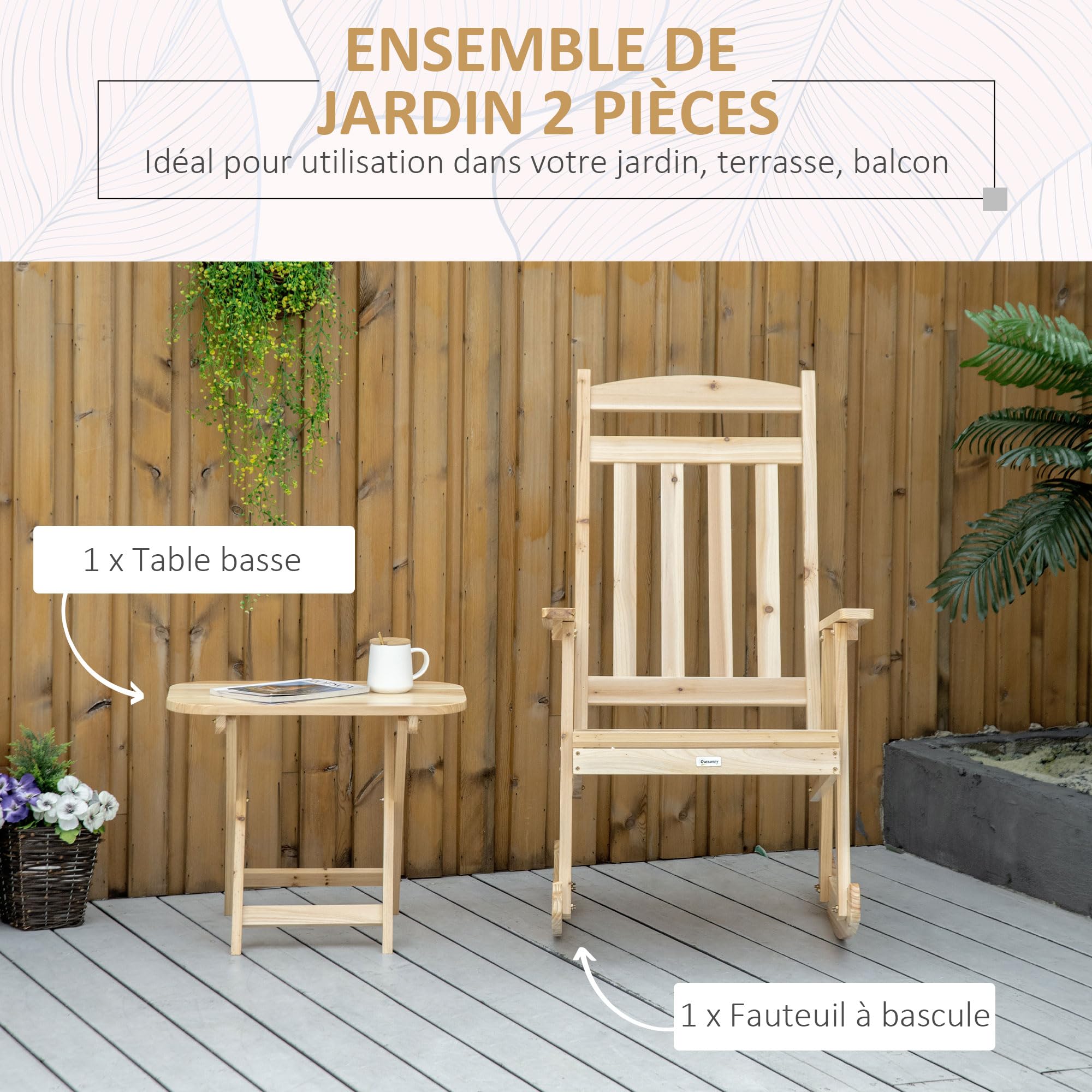 Outsunny Ensemble de Jardin 2 pièces Style Cosy Chaise à Bascule + Table d'appoint Pliante Bois d'épicéa Massif
