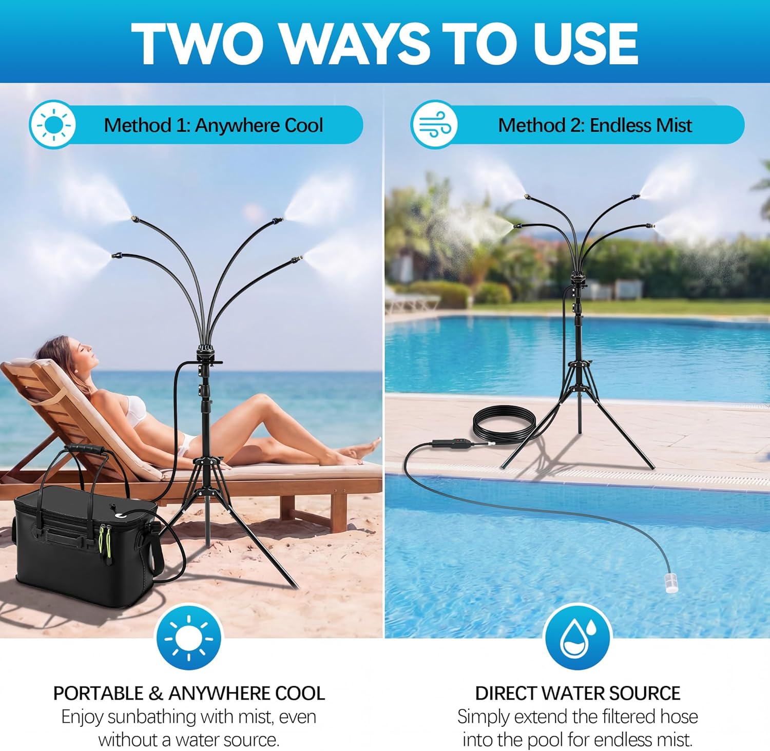Portable Misting System with Stand, Outdoor Misting System for Patio Cooling, 20L Bucket Cordless Standing Mister with 5.2FT Adjustable Height, Water Mister for Outdoor Beach, Greenhouse, Camping Use