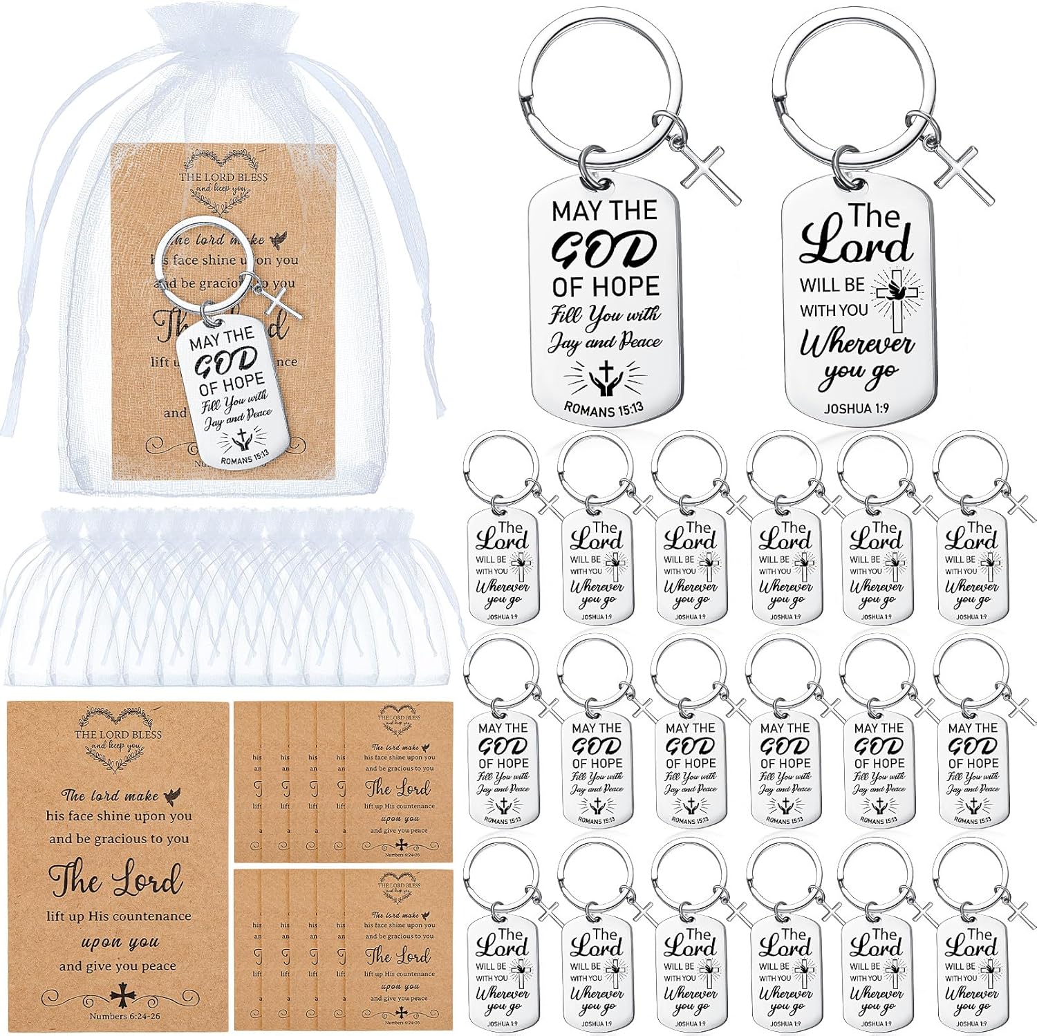 24 Sets Christian Keychain Gifts Bible Verse Cross Keychain Bulk Religious Prayer Gifts for Men Women(Silver, Square)