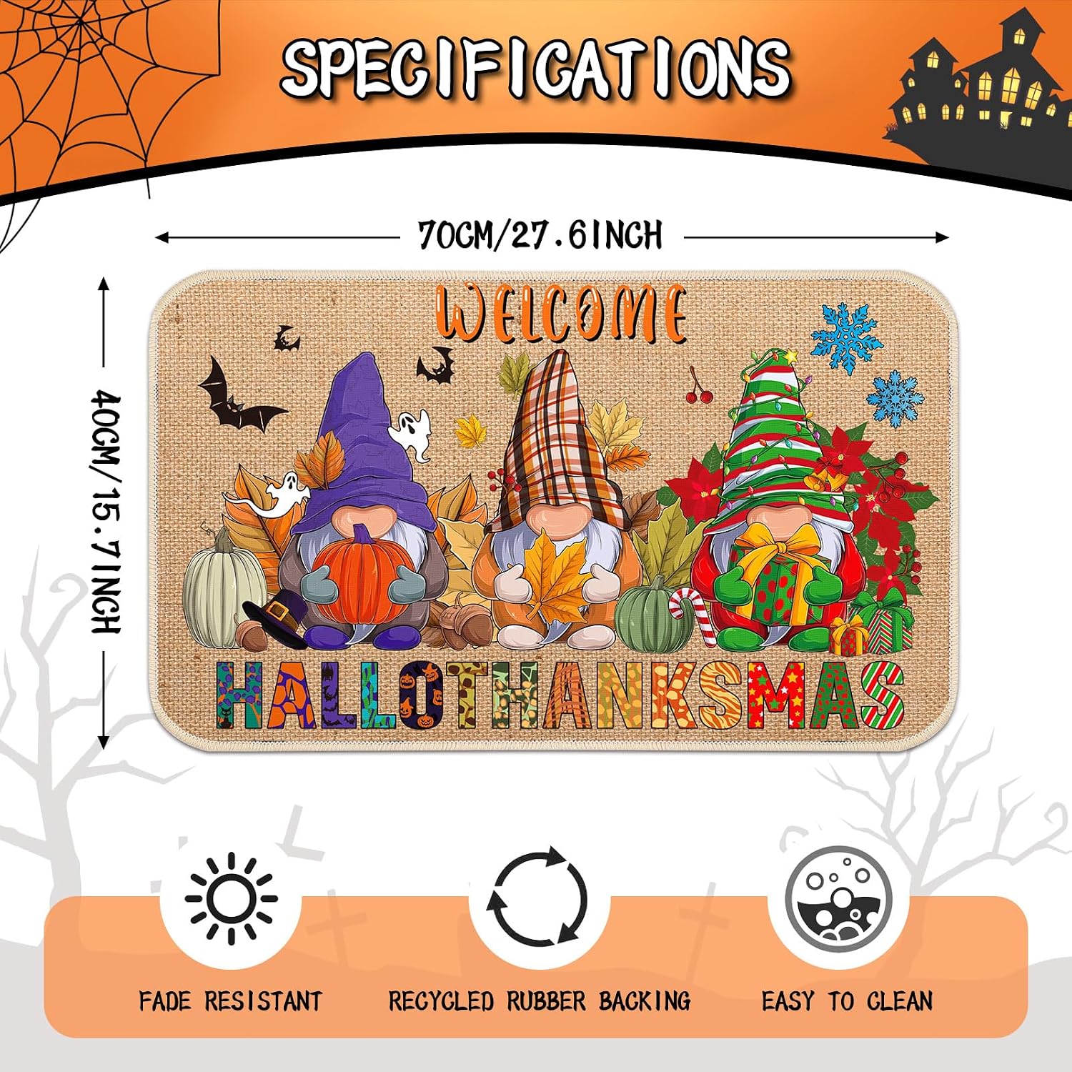 Zhanmai Halloween Gnome Doormat Gnome Kitchen Rugs Spooky Gnome Kitchen Rugs Fall Pumpkin Home Decor Carpet for Christmas Bathroom Indoor Welcome Decoration Porch Entrance Outdoor