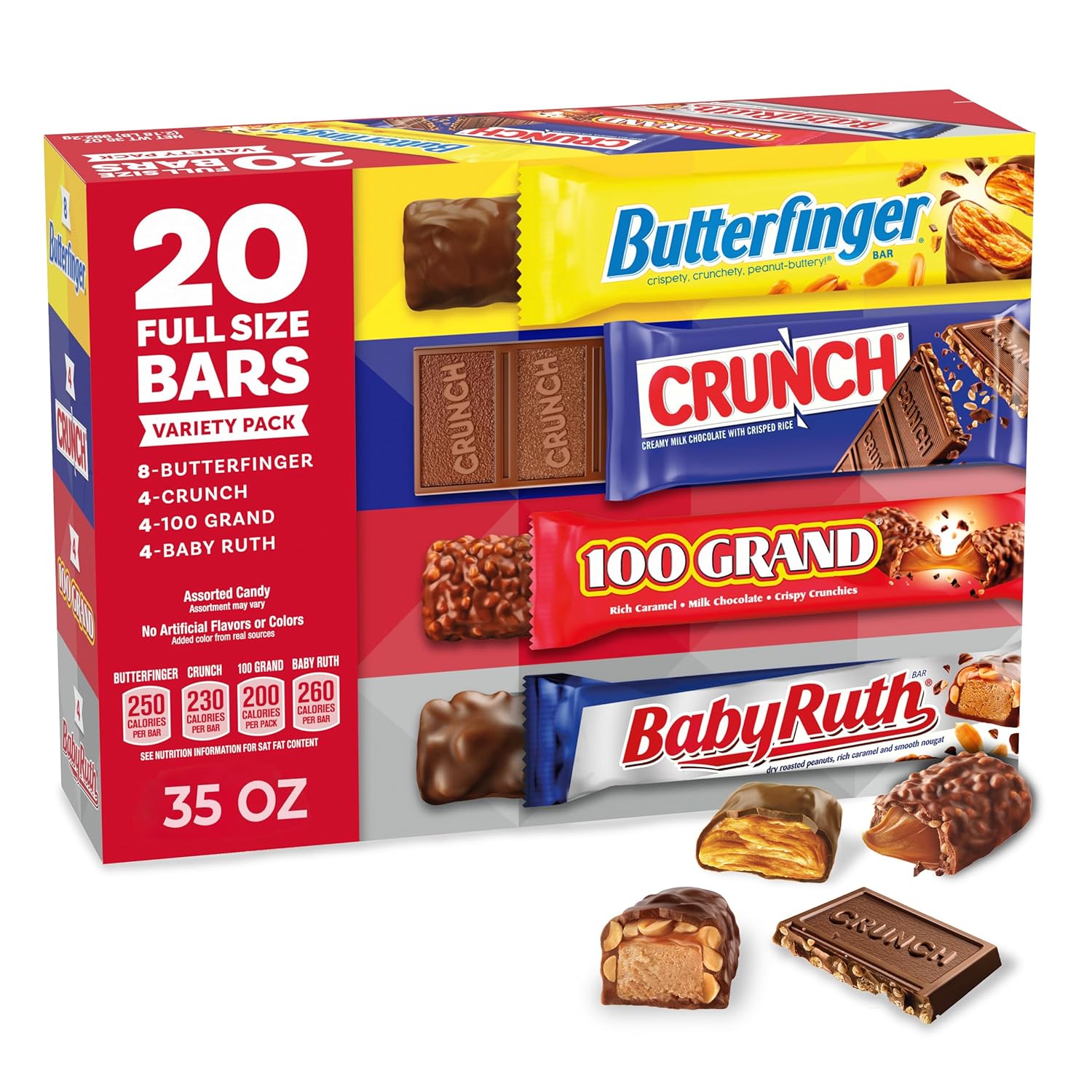 Butterfinger, CRUNCH, Baby Ruth and 100 Grand, Bulk 20 Pack, Assorted Full Size Chocolate Candy Bars, 35 oz