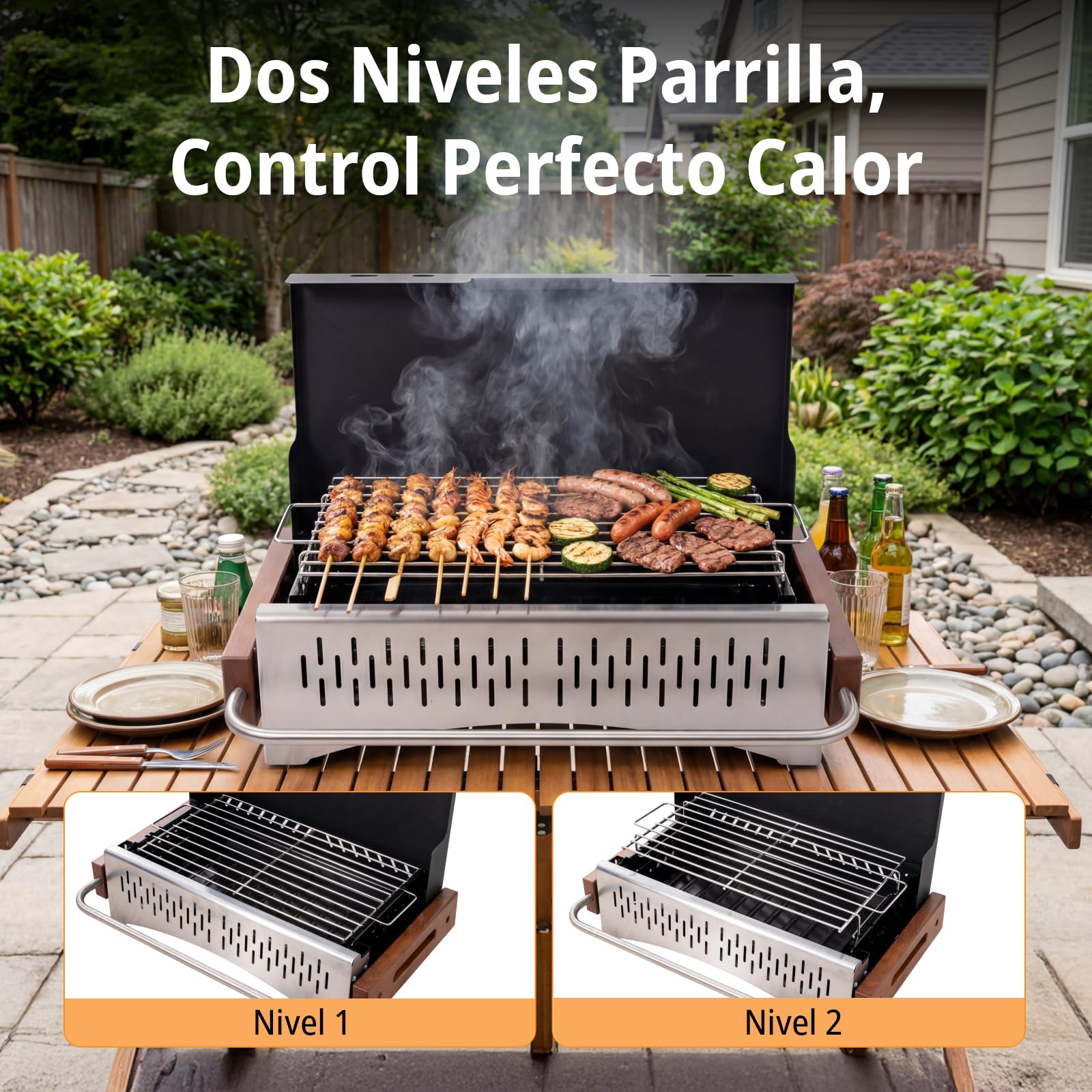 Barbacoa portátil carbón con kit de utensilios, parrilla plegable para camping y balcón, montaje rápido sin herramientas, doble altura, ideal 1–4 personas
