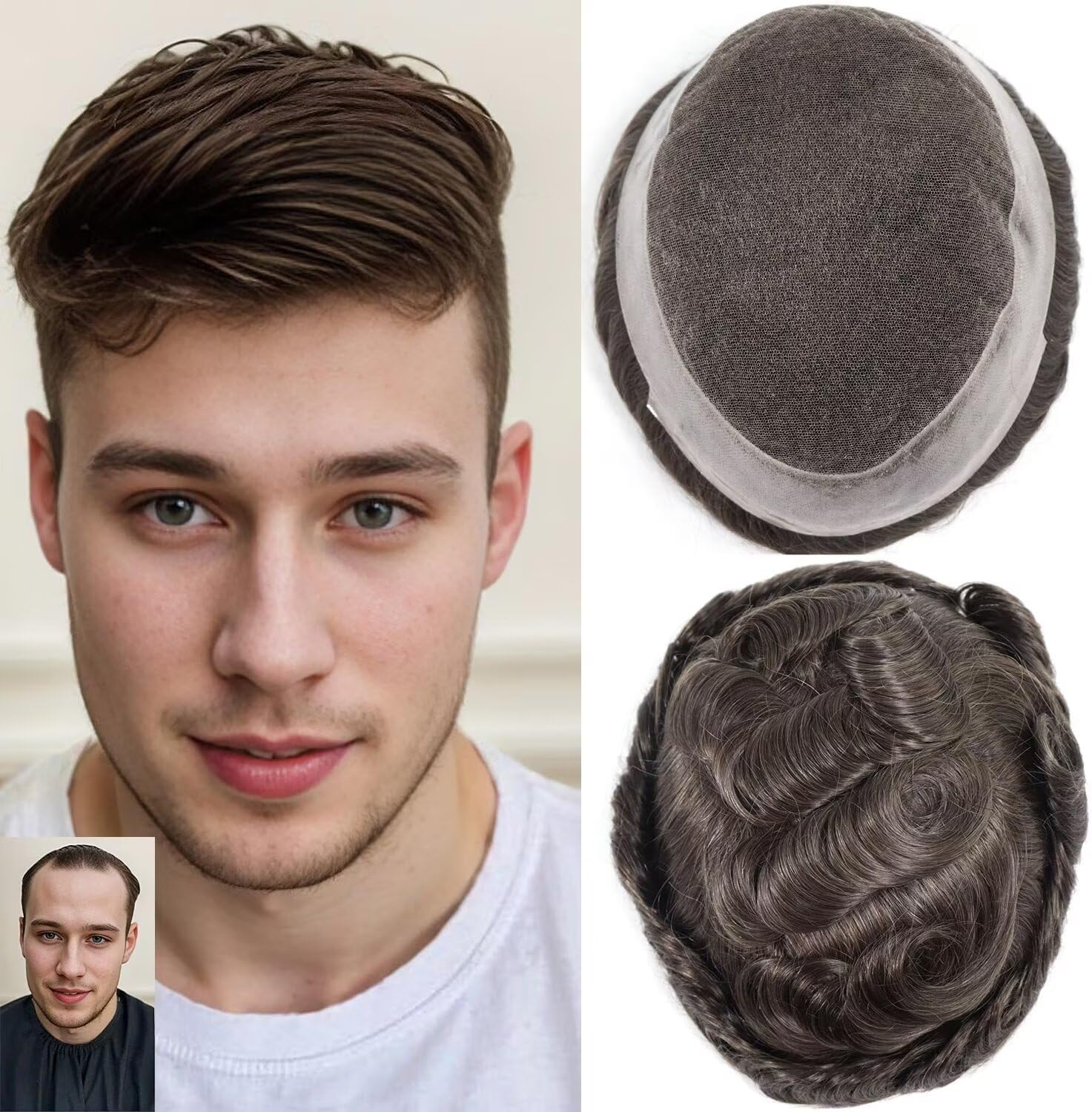 HAPPY&CC Mens Toupee Human Hair System for Men Protesis Capilar Hombre Pelo Humano Swiss Lace Mens Hair Piece Poly PU Skin Hair Unit Replacement for Men #5 Cool Toned Brown 8x10 Inch