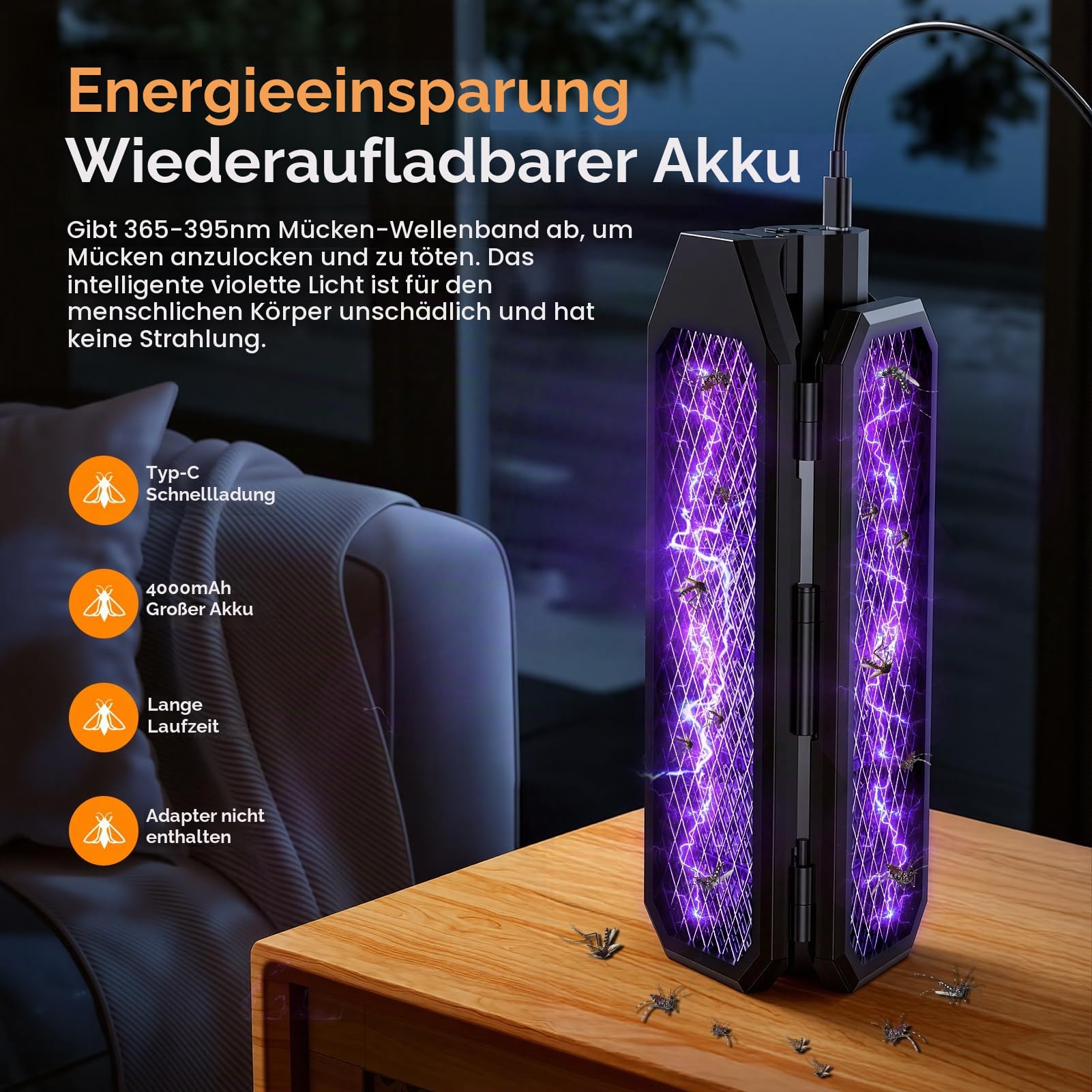 Insektenvernichter, Klappbare Elektrische Fliegenklatsche mit UV-Licht, 3000V, 4000mAh, Tri-Fold Mückenlampe, Fliegenfalle Elektrisch Mückenfalle für Innen Außen, Fliegen, Motten