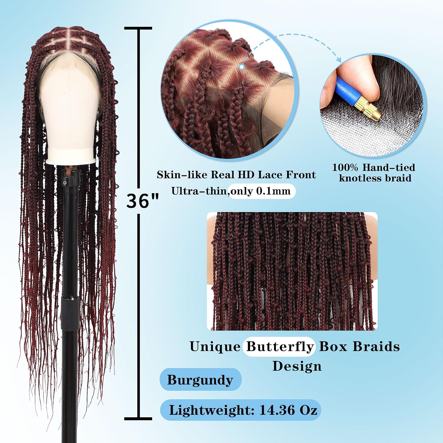 Knotless Braided Wigs for Black Women Full Lace Braided Wigs Box Braid Wig with Baby Hair Premium Synthetic Butterfly Braids Wigs Burgundy Red Braided Wig, 36 Inches 360° HD Full Lace