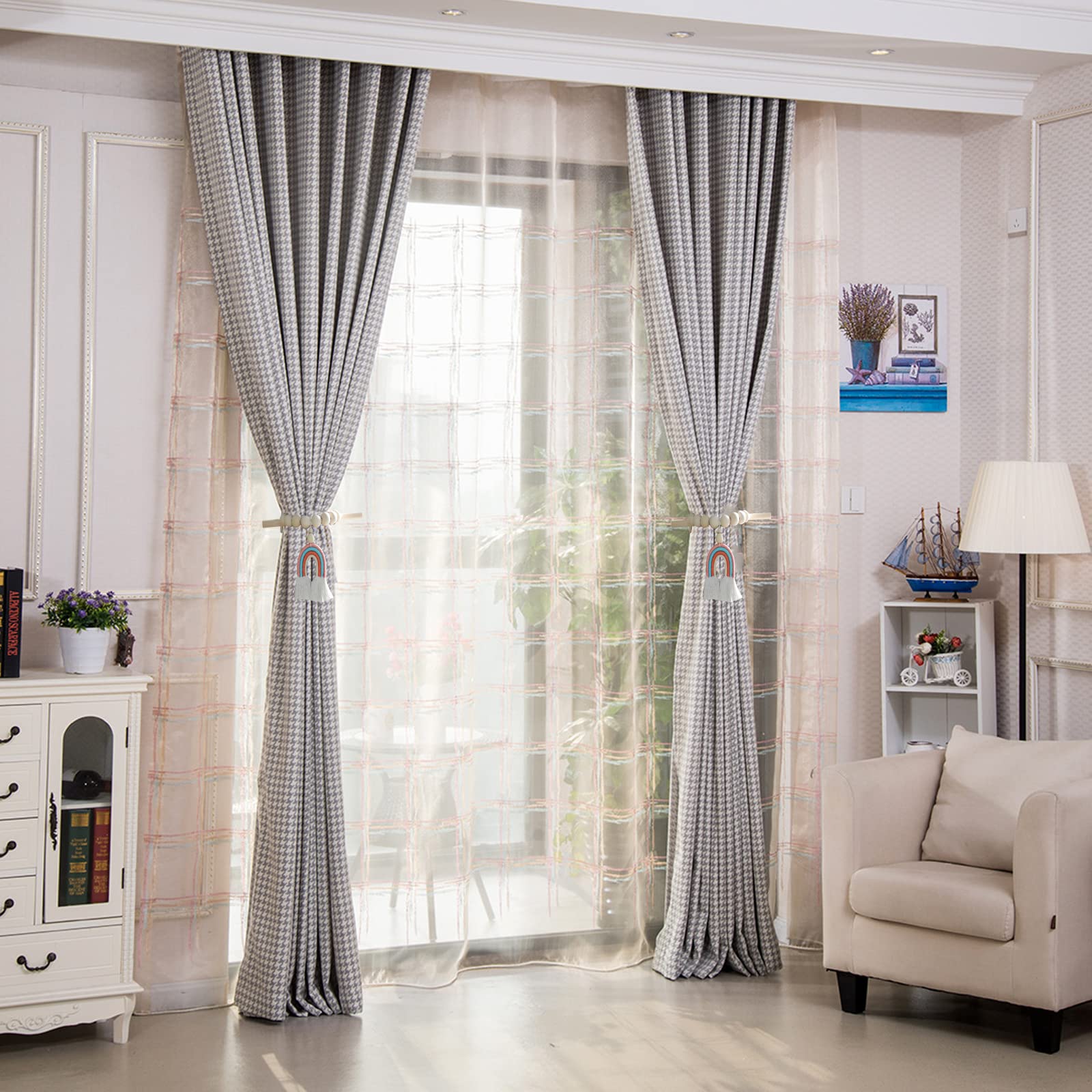 Fermatenda In Legno Con Perline E Nappe: 2 Pezzi, Rosa, Stile Boho, Senza Forare - 2