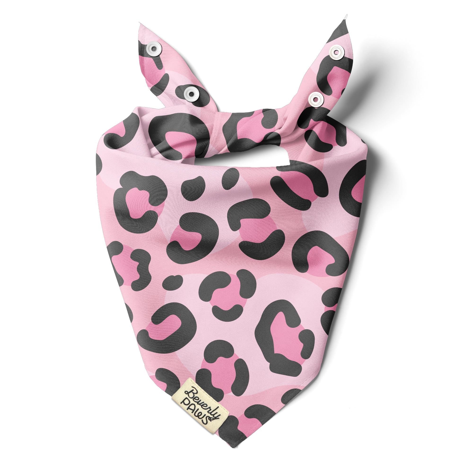 BeverlyPaws Snap-On Dog Bandana for Small Medium Large Pets, Dogs Cats Adjustable Handkerchief Scarf for Girl & Boy, Funny Cute Puppy Apparel & Accessories (Pink Leopard, Small)