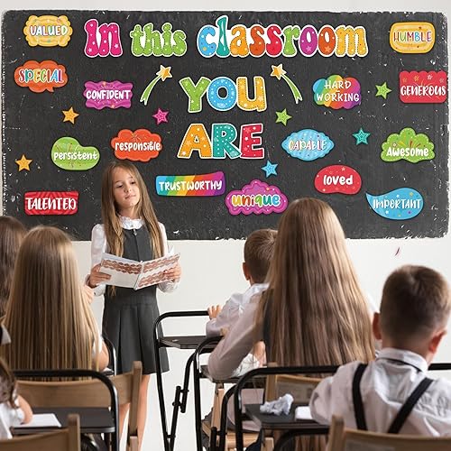 Miniatura 8 de Decoraciones de tablón de anuncios de arcoíris para aula, decoración de pared de afirmación inspiradora positiva, 31 piezas de letreros retro