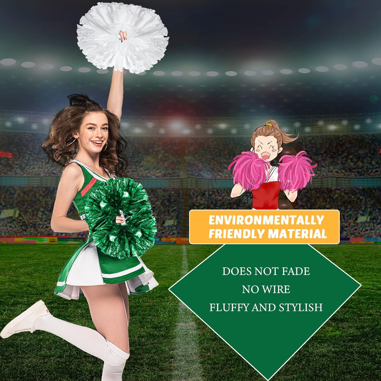メタリックチアリーディングポンポン 24個パック 12インチ チアリーダー バトンハンドル付き 応援 バルク チームスピリットスポー