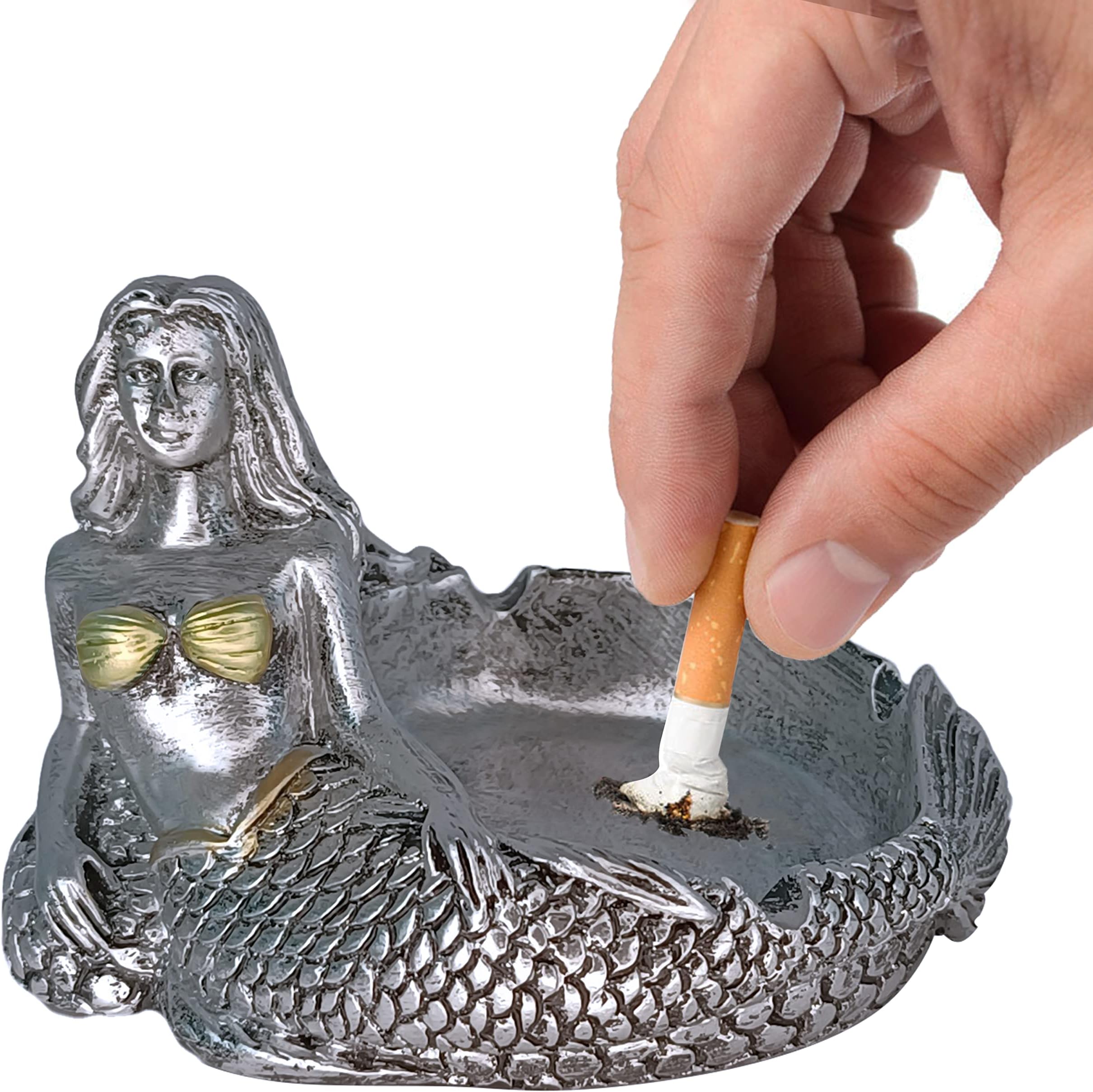 Vintage Ashtrays Mermaid Figurines - Retro Mermaid Ash Tray Friends Gifts Creative Personality Trend Ash Tray Decoration Ornament for Wedding Statue Woman Cigar Ashtray (Silver)