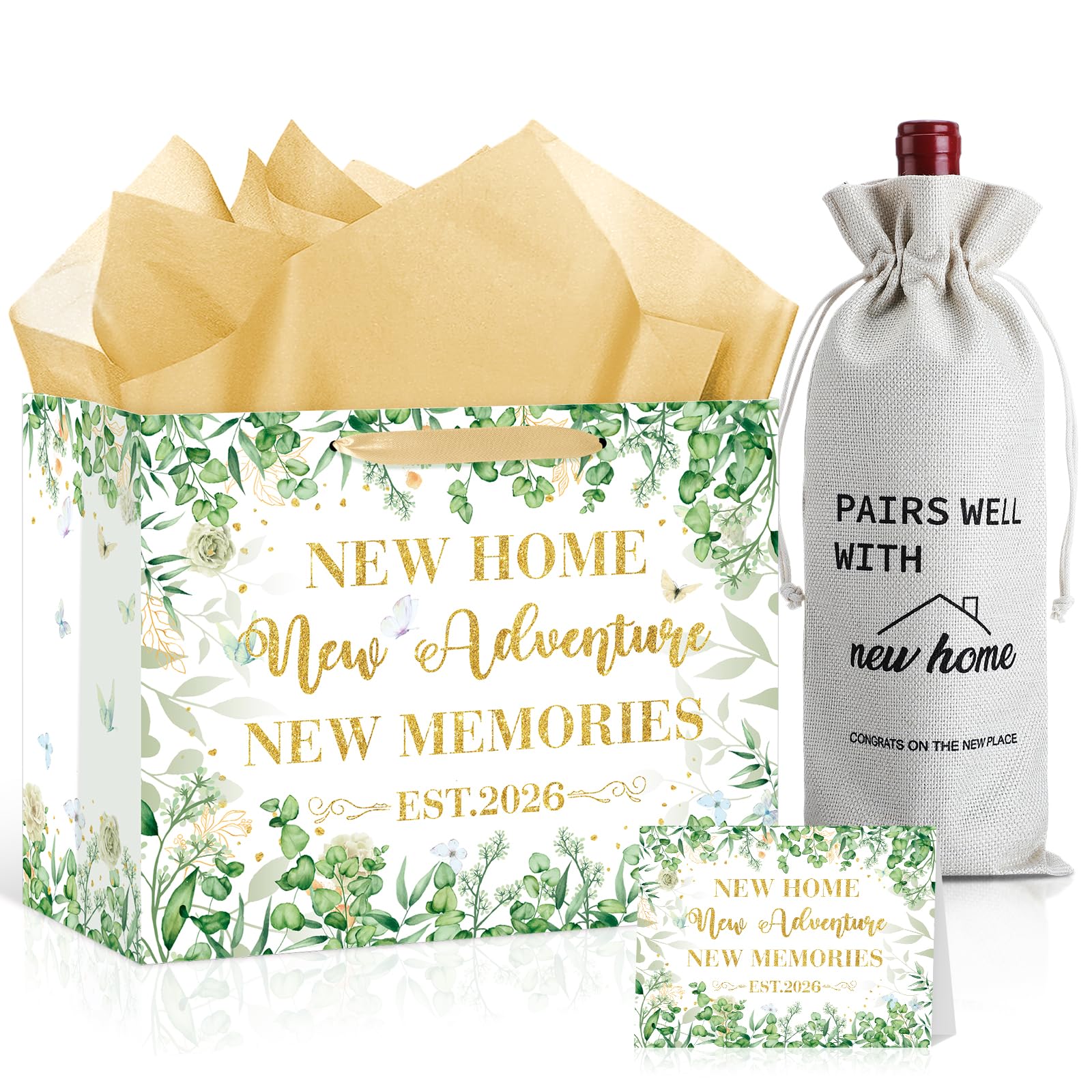 New Home Wine Gifts Bag and Housewarming Gifts Bag Set 11.8'' Green Gold Home Sweet 2026 House Homeowner Wrapping Bag with Tissue Paper Card New Adventure Present Wine Bottle Wrap Bag for Men Women