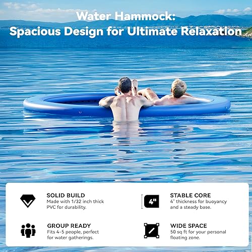 Miniatura 5 de Round Inflatable Floating Dock, Sunchill Float Ring, Hammock Tanning Pool with 4in Woven Fabric, Manual Pump for 1-2 Min Quick InflateDeflate, Fits