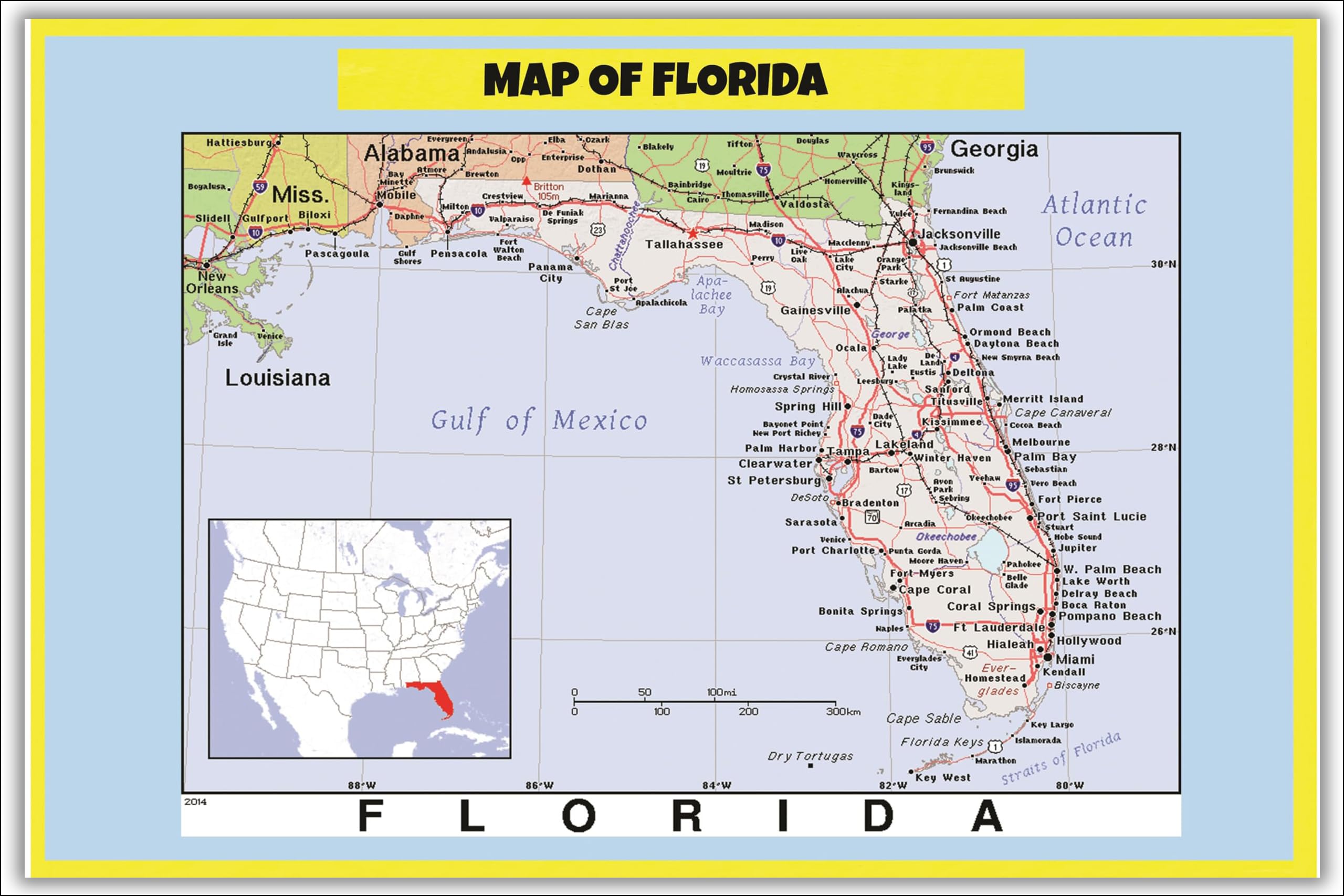 Map of Florida Style C 18x24 - Laminated Wall Map Poster Print Perfect for Classrooms and Homes - Vivid Imagery with Bright Colors