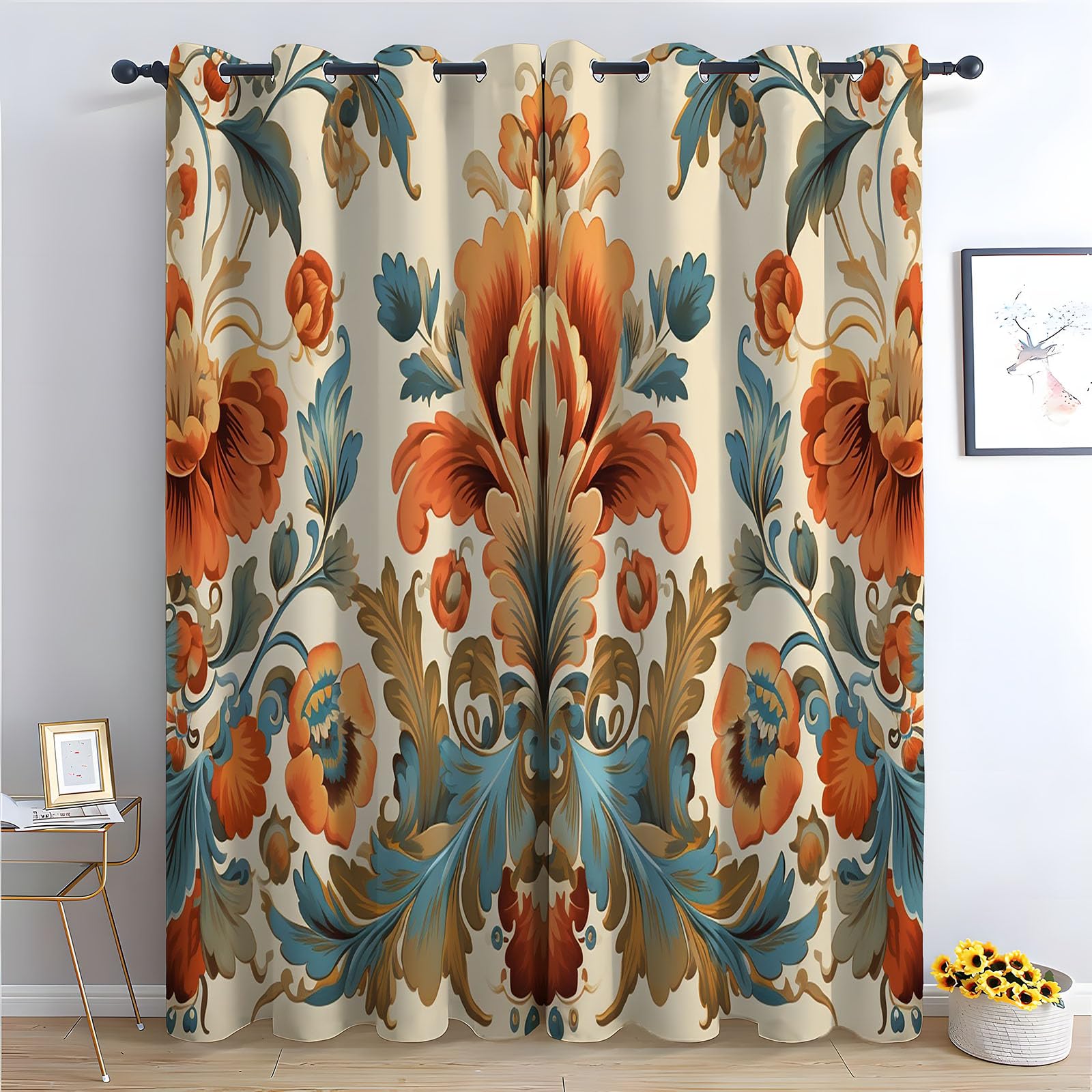 Rideaux occultants salon chambre à coucher motif fleurs vintage bleu orange