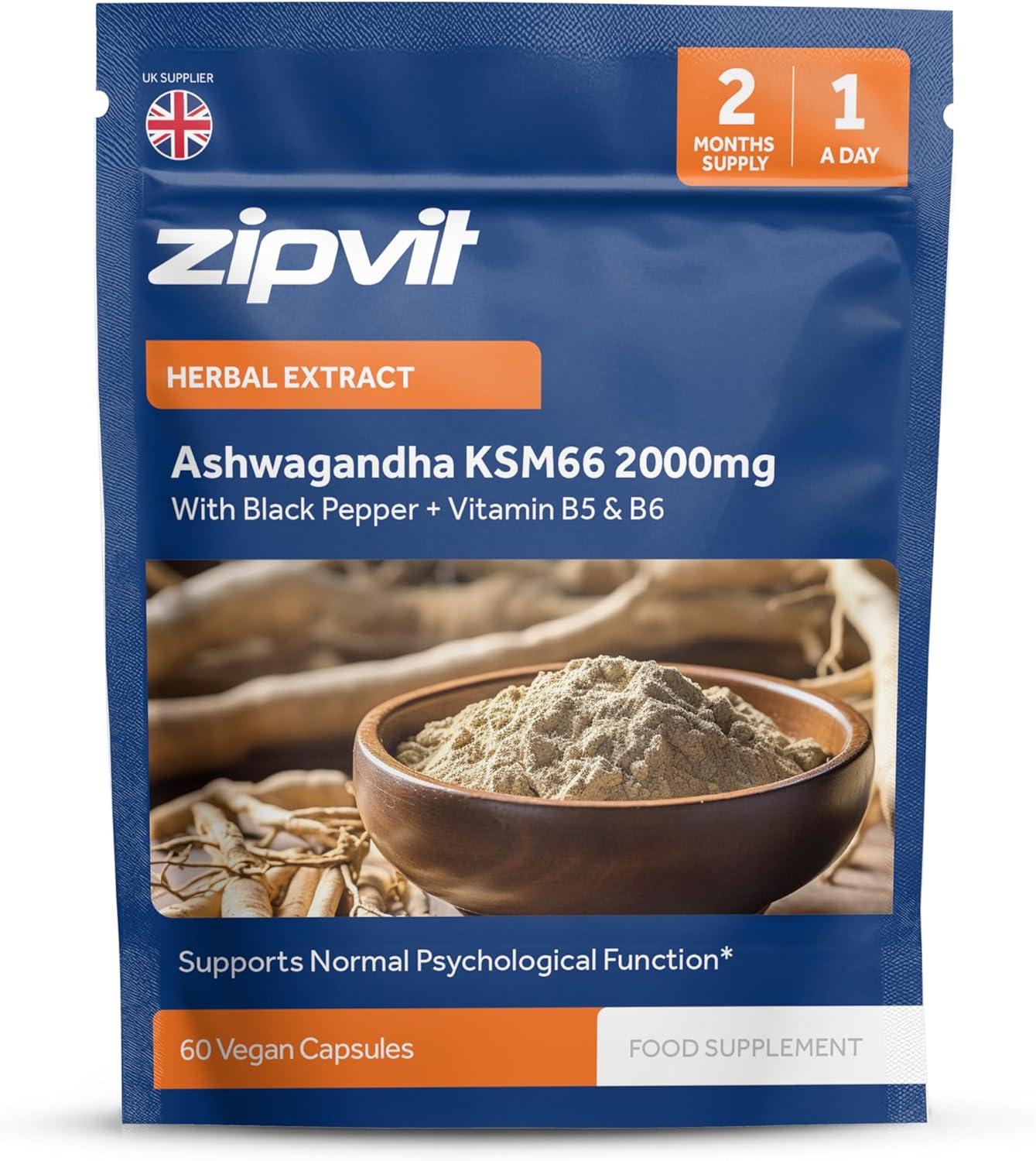 Zipvit Ashwagandha KSM 66 2000 mg with Vitamin B6, B5 & Black Pepper, High Strength Ashwagandha Root Extract, 60 Vegan Capsules, 2 Months Supply