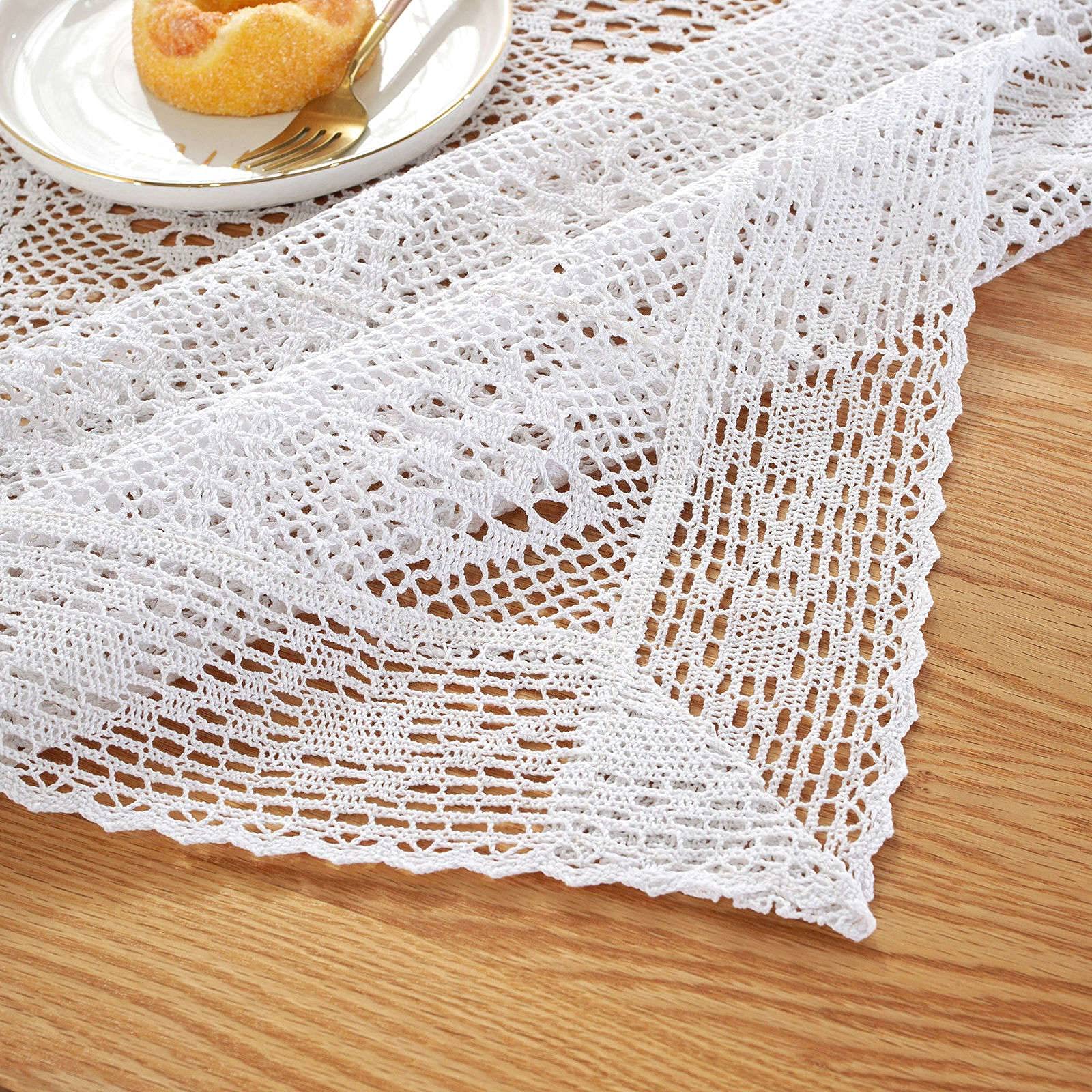 Szydełkowy Koronkowy Obrus Ręcznie Robiona Pusta Siatka Pyłoszczelny Prostokątny Narzut Na Stół W Formie Bufetu Wedding Party Table Protector, White, 140X220cm(55X86in)