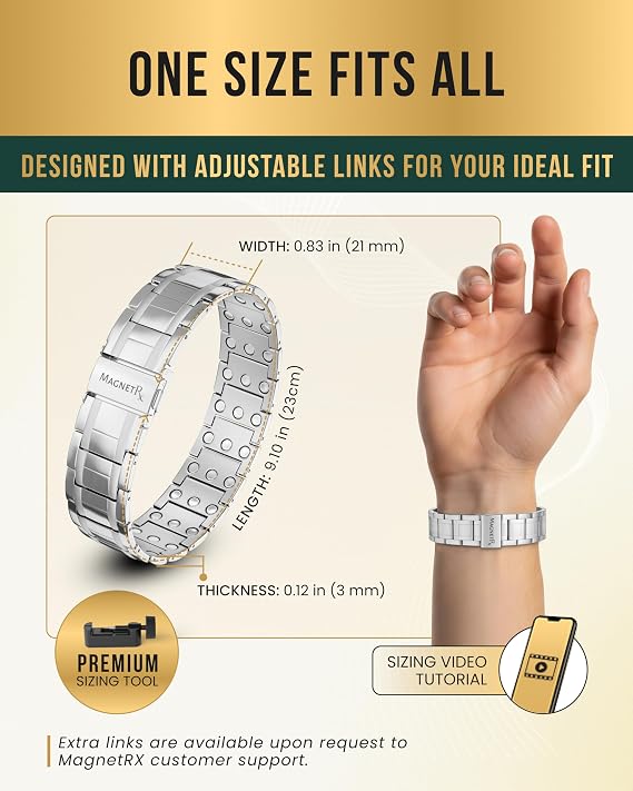 MagnetRX 3X Strength Mens Magnetic Bracelet Titanium Magnetic Bracelets for Men Premium Foldover Clasp & Adjustable Length with Sizing Tool & Gift Box (Silver)