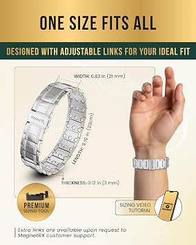 MagnetRX 3X Strength Mens Magnetic Bracelet Titanium Magnetic Bracelets for Men Premium Foldover Clasp & Adjustable Length with Sizing Tool & Gift Box (Silver)