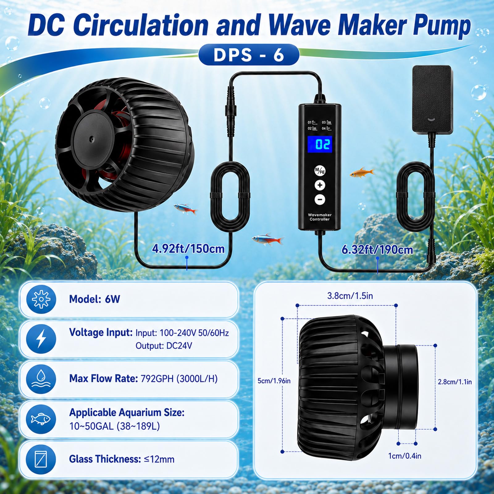 Mini Pompe de Brassage Aquarium 6W, Wave Maker Aquarium Magnétique DC | 3000L/h & 10 Vitesses, Pompe de Circulation avec 4 Modes pour Aquariums 15-189L, pour l'eau Douce et Salée