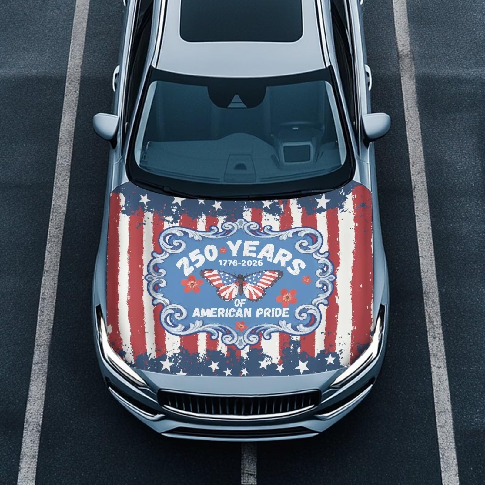 American Flag Car Hood Cover, 250 Anniversary Automotive Exterior Accessories, July 4th USA Flag Butterfly All-Season Protection Suitable for SUV Sedan