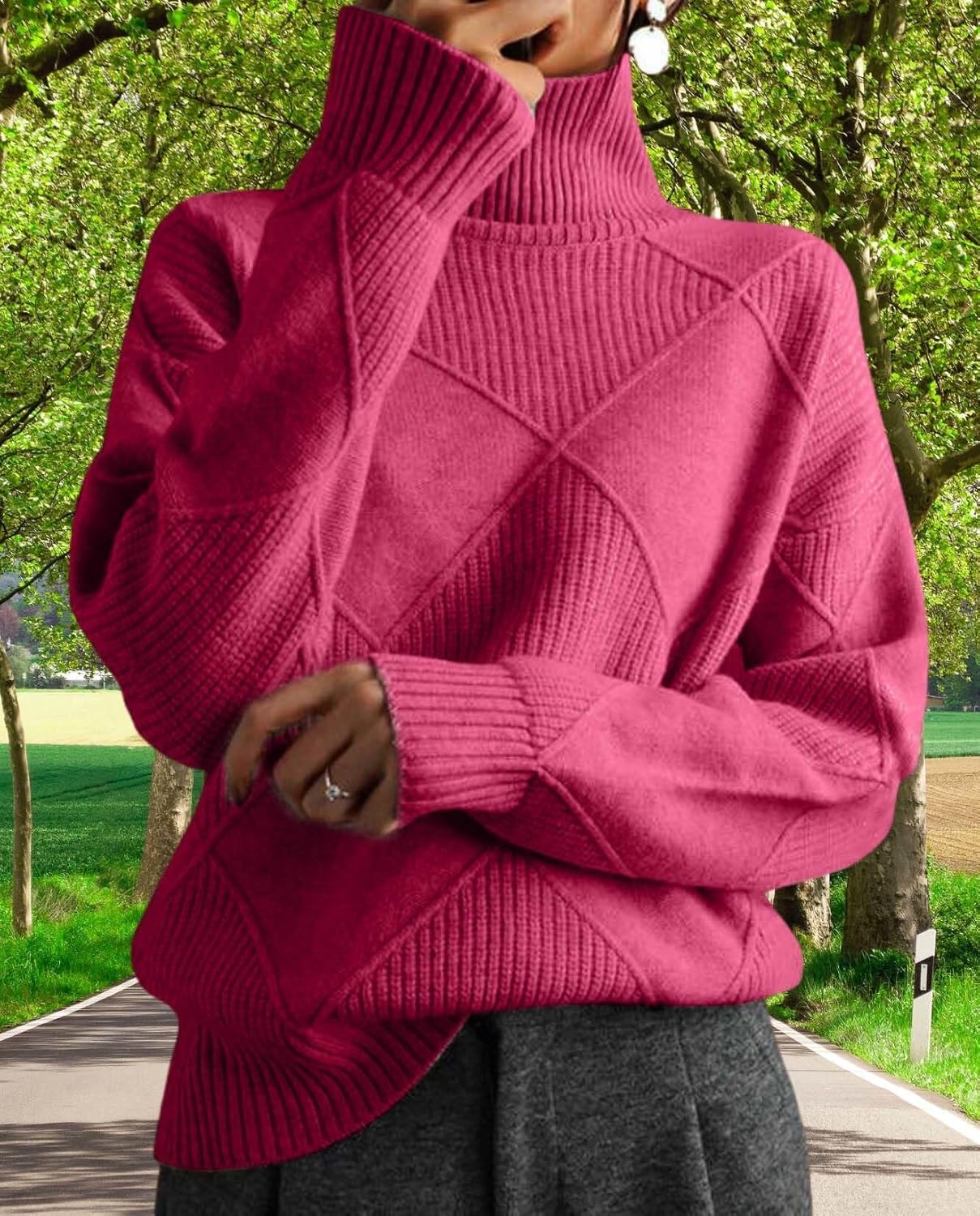 Womens Oversized High Neck Pullover Sweater Casual Fashion Long Sleeve Solid Color Crew Knit Sweater - Image 4