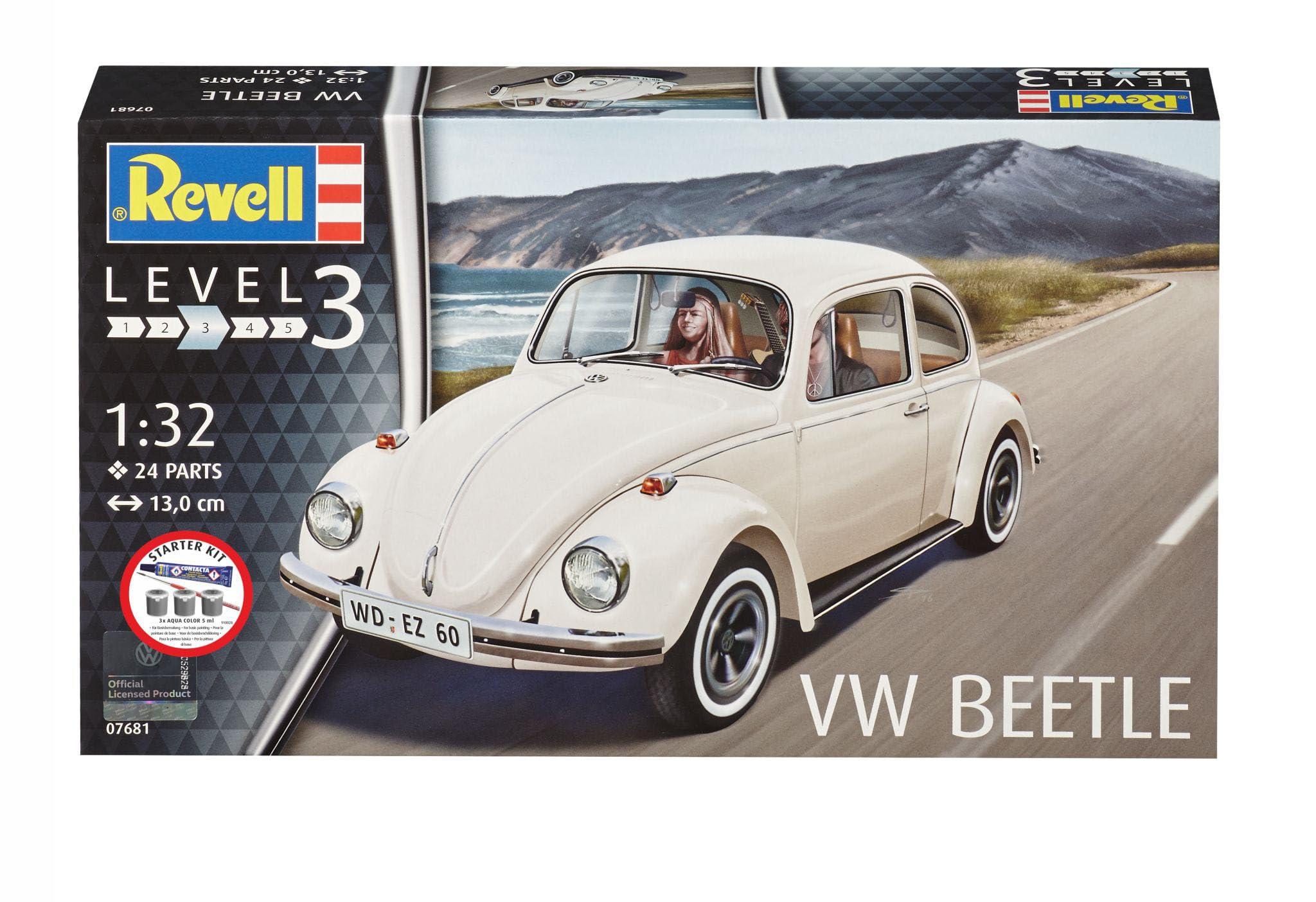 Revell 77681 Starter Kit VW Beetle 1:32 Scale Unbuilt Plastic Model Kit with Accessories, Multicoloured, Miniature