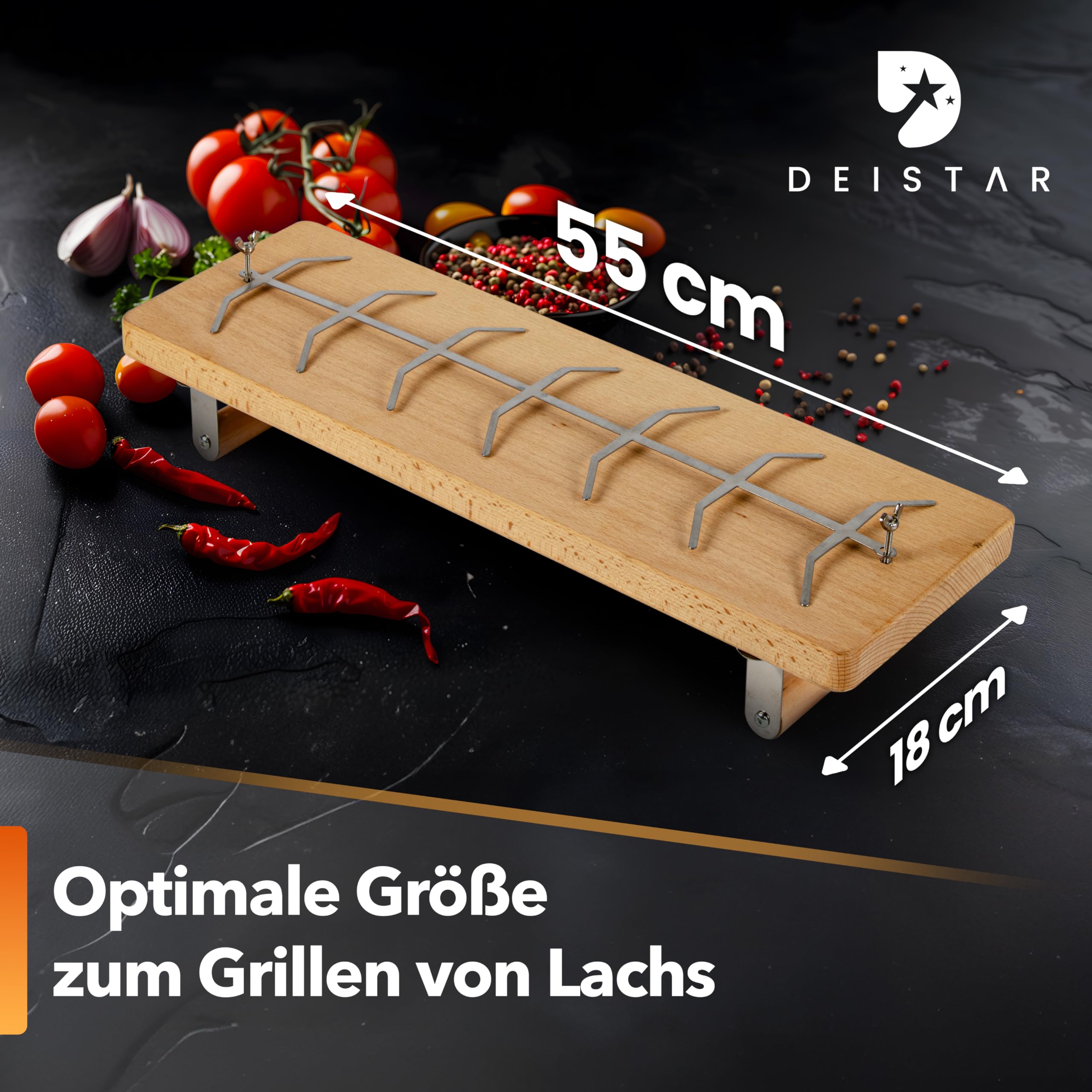Flammlachsbrett mit Halterung 100% Buchenholz – Edelstahl Halter – 55 cm – Grillbrett für Flammlachs BBQ