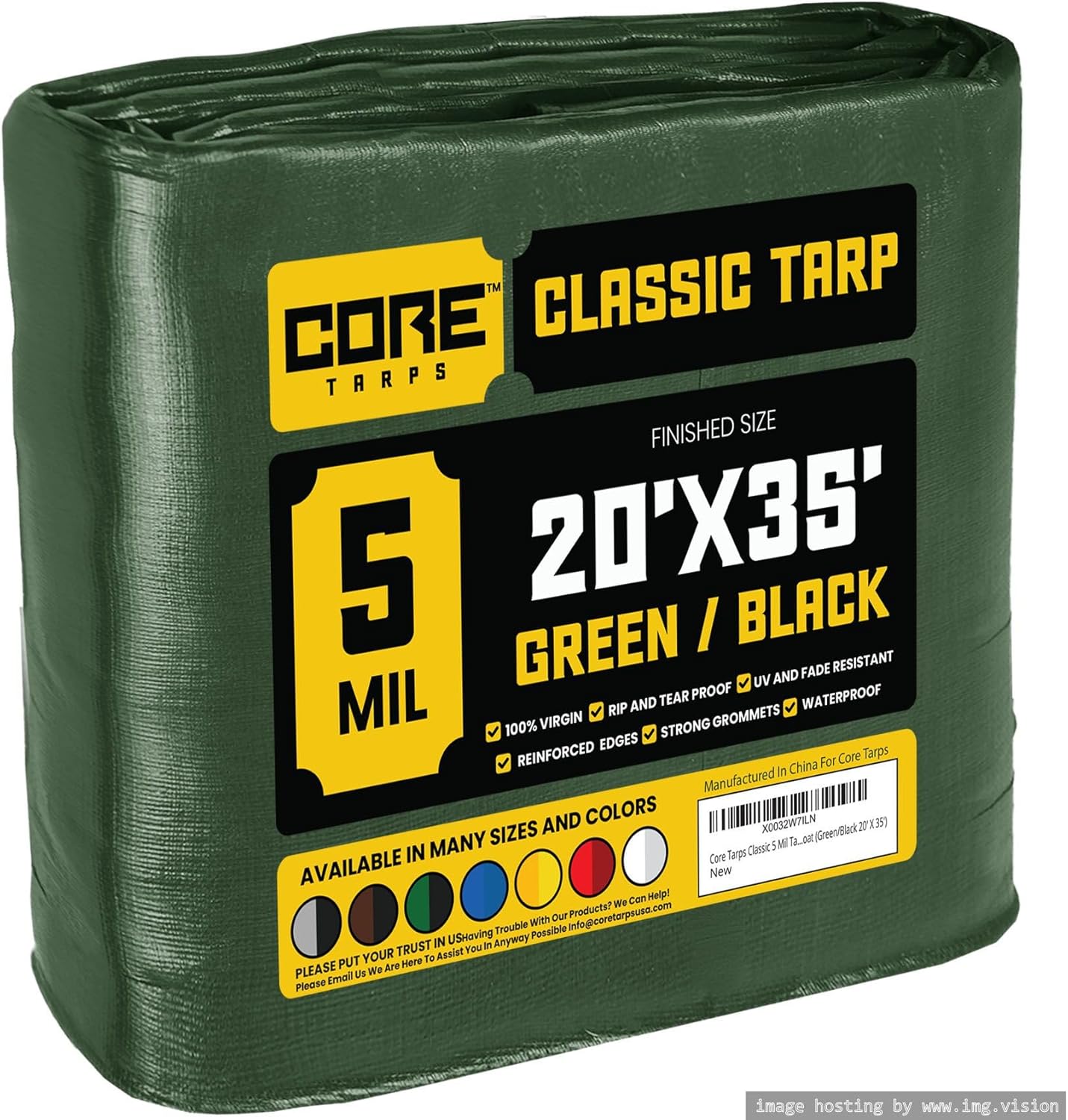 Core Tarps Classic 5 Mil Tarp Cover, Waterproof, UV Resistant, Rip and Tear Proof, Poly Tarpaulin with Reinforced Edges for Roof, Camping, Patio, Pool Cover, Boat (Green/Black 20 X 35)