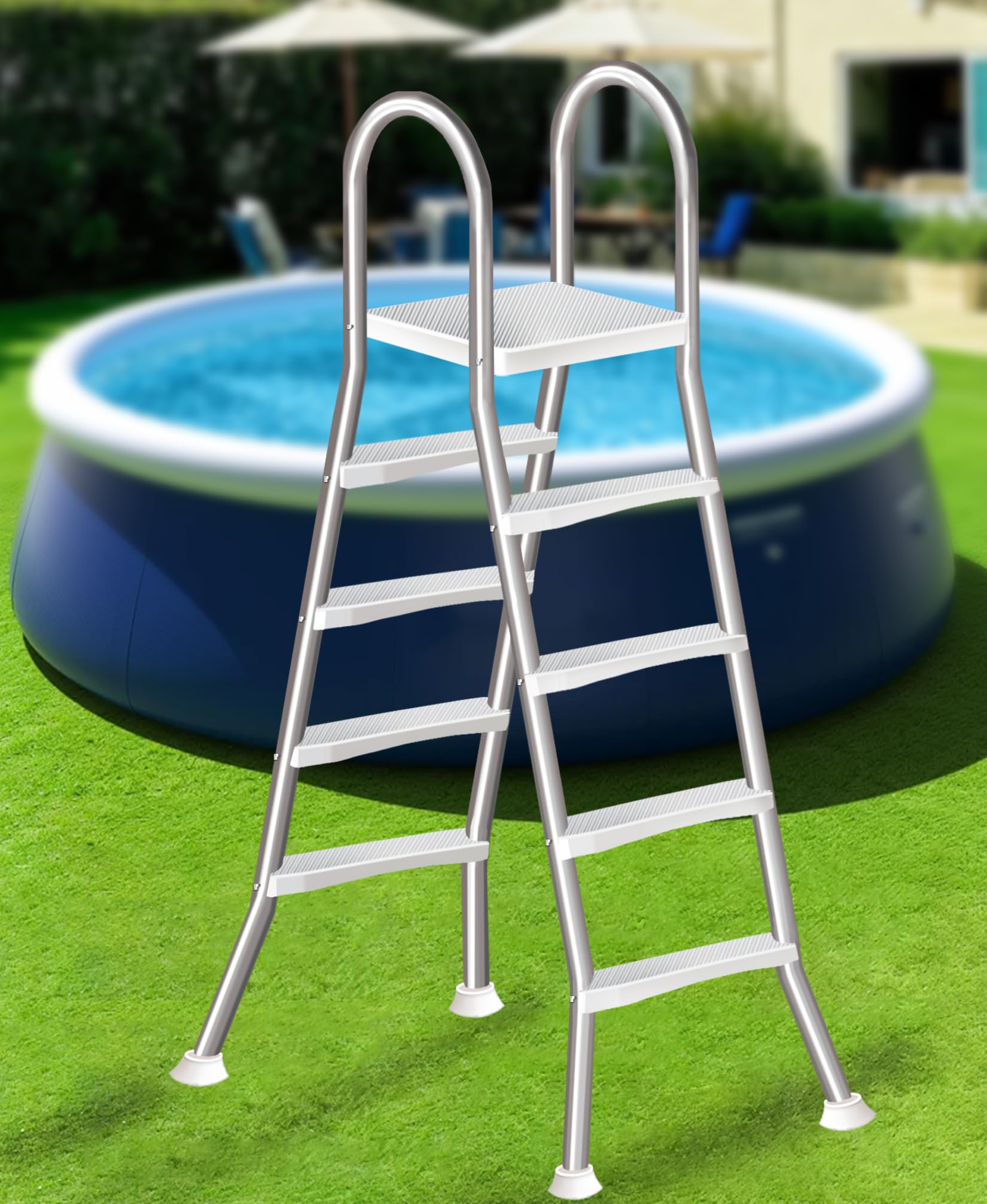 Double Handrails Pool Ladder for Above Ground Pool, 4-Step Double Handrail Stairs, Stainless Steel Anti-Slip Pool Stairs, 250kg Load for 135cm Wall Swimming Pool