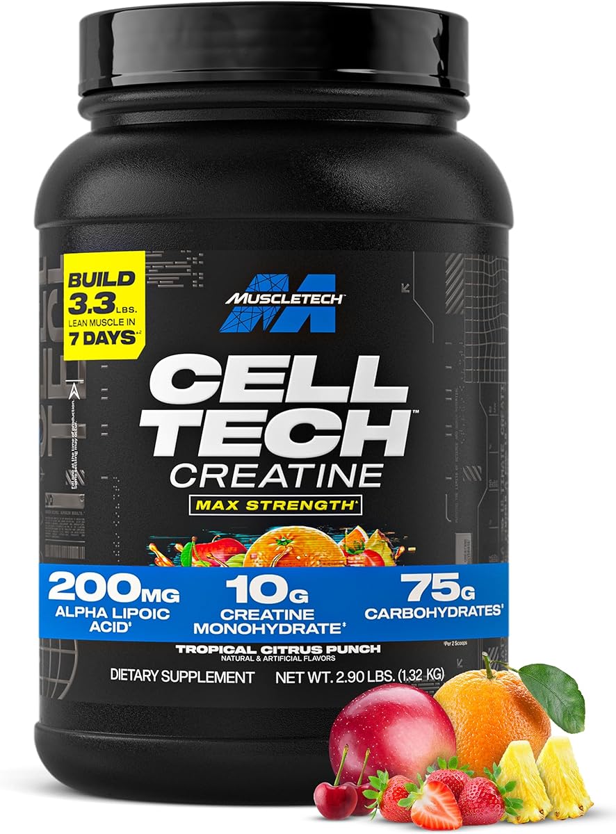 MuscleTech Creatine Monohydrate Powder - Cell-Tech Creatine Powder Post Workout Recovery Drink, Muscle Builder & Musclebuilding Supplement - Tropical Citrus Punch, 3 lbs (27 Serv) - Packaging May Vary