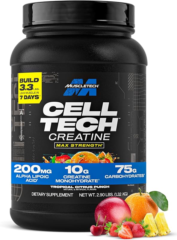 MuscleTech Creatine Monohydrate Powder - Cell-Tech Creatine Powder, 3LB | Post Workout Recovery Drink, Muscle Builder, & Musclebuilding Supplement - Tropical Citrus Punch, 27 Serv, Packaging May Vary