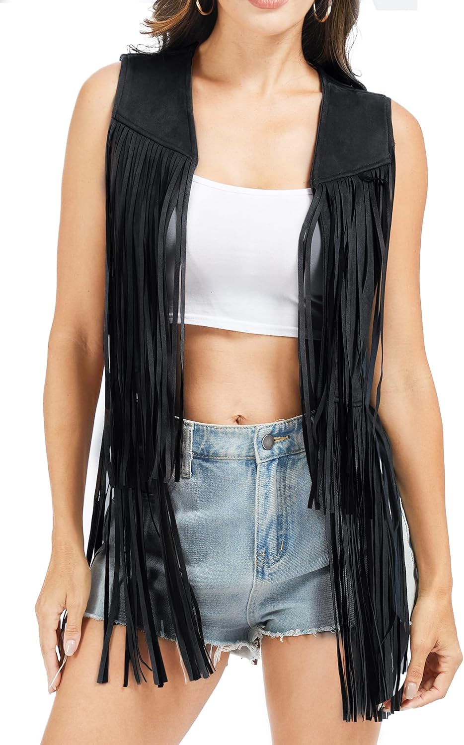 Fahsyee Fringe Vest Women Western Outfits 70s Hippie Cowgirl Sleeveless Top Faux Suede Tassel S-XXL