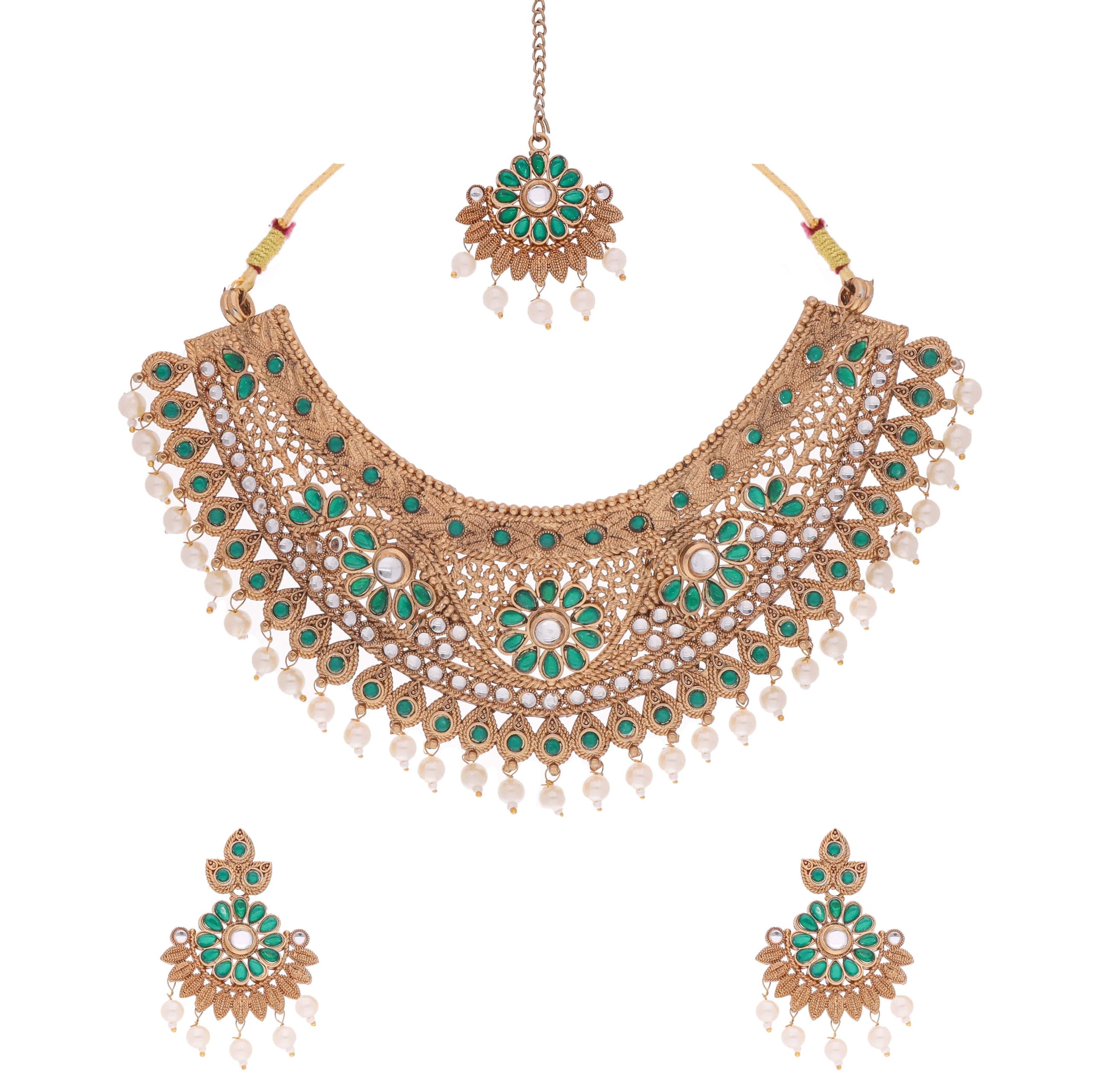 Brado Jewellery Traditional Gold Polish Kundan & Pearl Studded Necklace Choker Jewelry Set with 1 pair of Earring and Maang Tikka For Women & Girls - Bridal Wear (B0D7ZN7QRG) Amazon Price History, Amazon Price Tracker