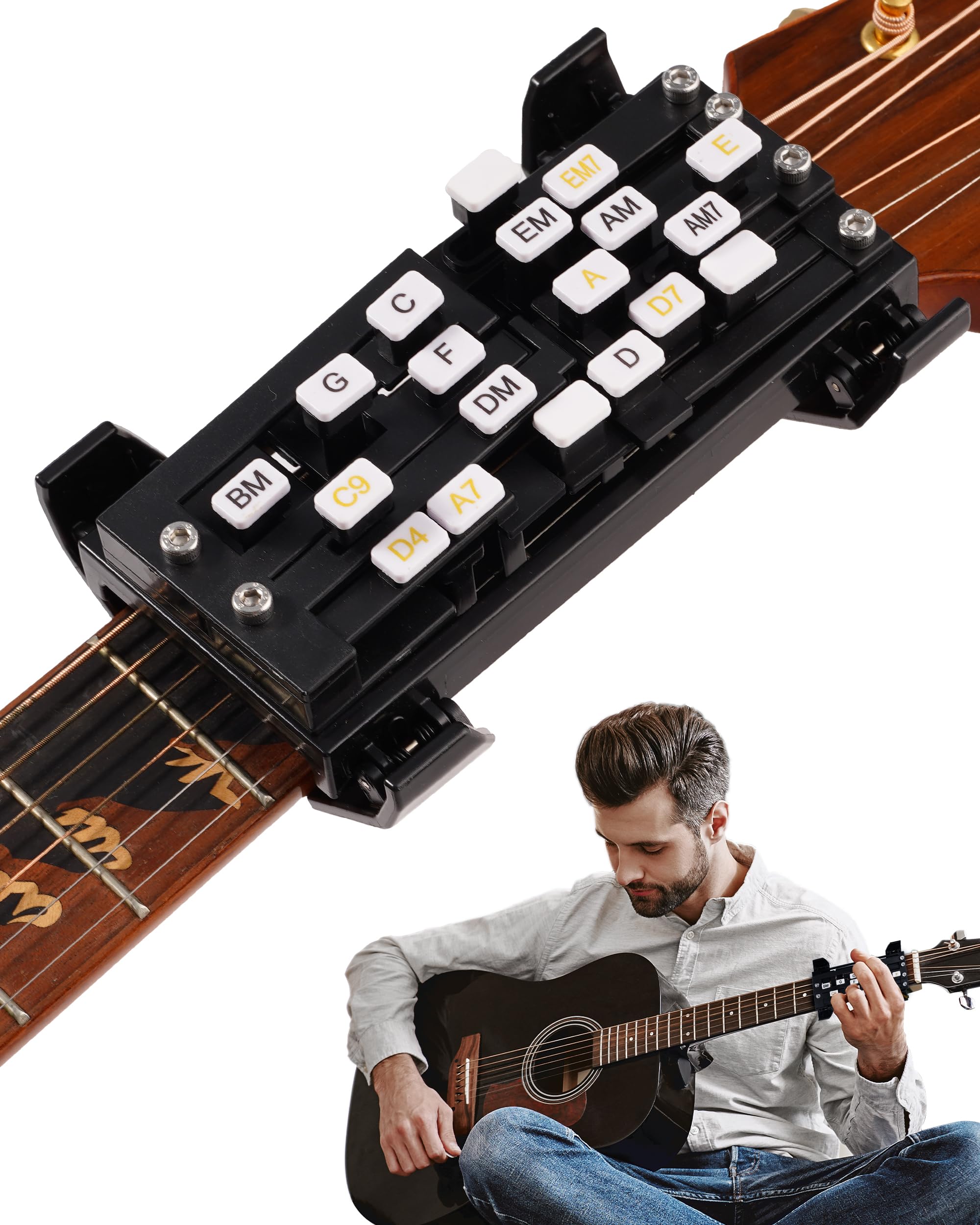 Portable Guitar Chord Presser, Guitar Chord Helper And Trainer for Acoustic Guitar, Guitar Learning Tools for Beginners and Arthritis Player, Develop Confidence Quickly， black with clip