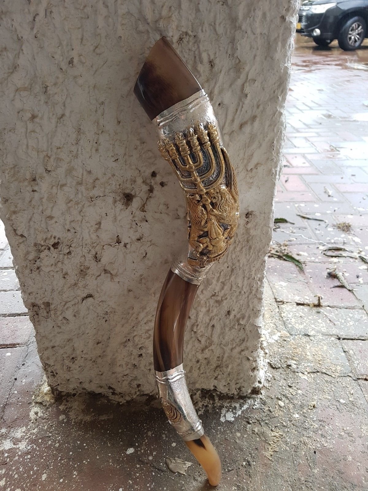 Kudu Shofar 24" with Silver - Plated Accents, Featuring Menorah and Lion Motifs – Handcrafted Jewish Ritual Instrument