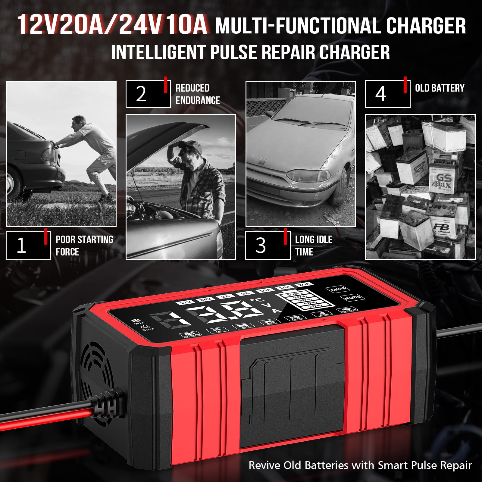 Ładowarka samochodowa 20 A, 12 V/24 V, w pełni automatyczna, inteligentna, kompensacja temperatury, inteligentna ładowarka do samochodu, motocykla, ciężarówki, kosiarki, łodzi
