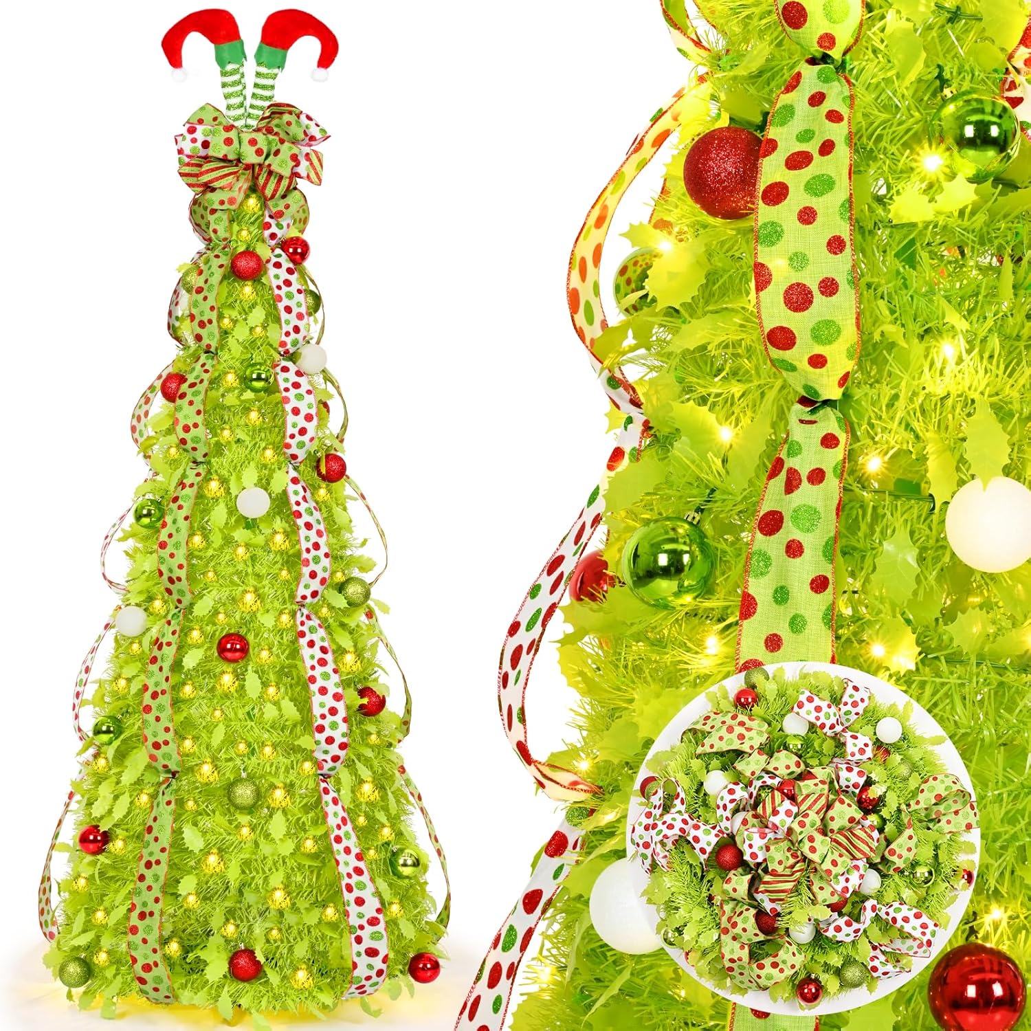 6FT Pop Up Christmas Tree with 200 Lights, Prelit Foldable Christmas Tree with Lights, Collapsible Xmas Tree, 1 Minute Easy Setup Folding Christmas Trees for Home Office Holiday Outdoor Indoor Decor Light Green 6ft