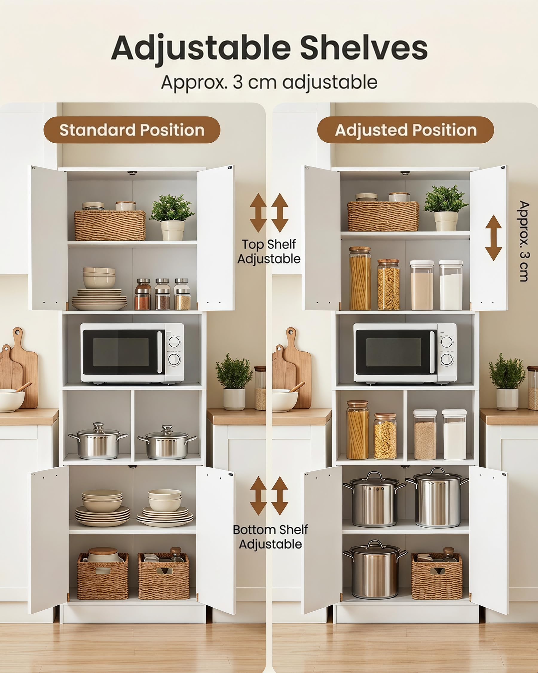 Meuble Cuisine 60x40x180.5cm Armoire Rangement Avec Étagères Réglables Buffet Colonne pour Cuisine Salon Salle de Bain Blanc