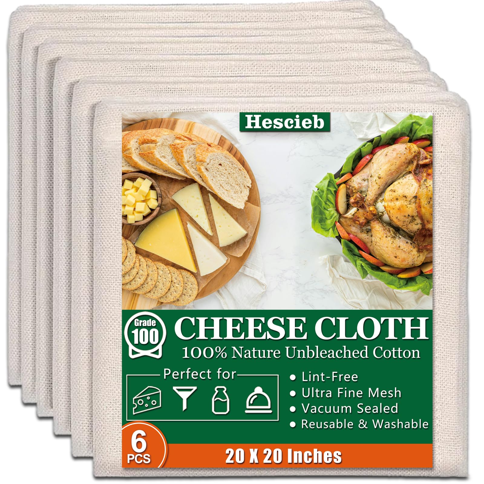 6 Pcs Cheese Cloths, 20x20 Inch, 100% Unbleached Cotton, Grade 100 Reusable Cheese Cloth With Fabric Fine Mesh Cloth, Reusable Muslin Cheesecloth for Straining, Juicing, Cooking, Baking