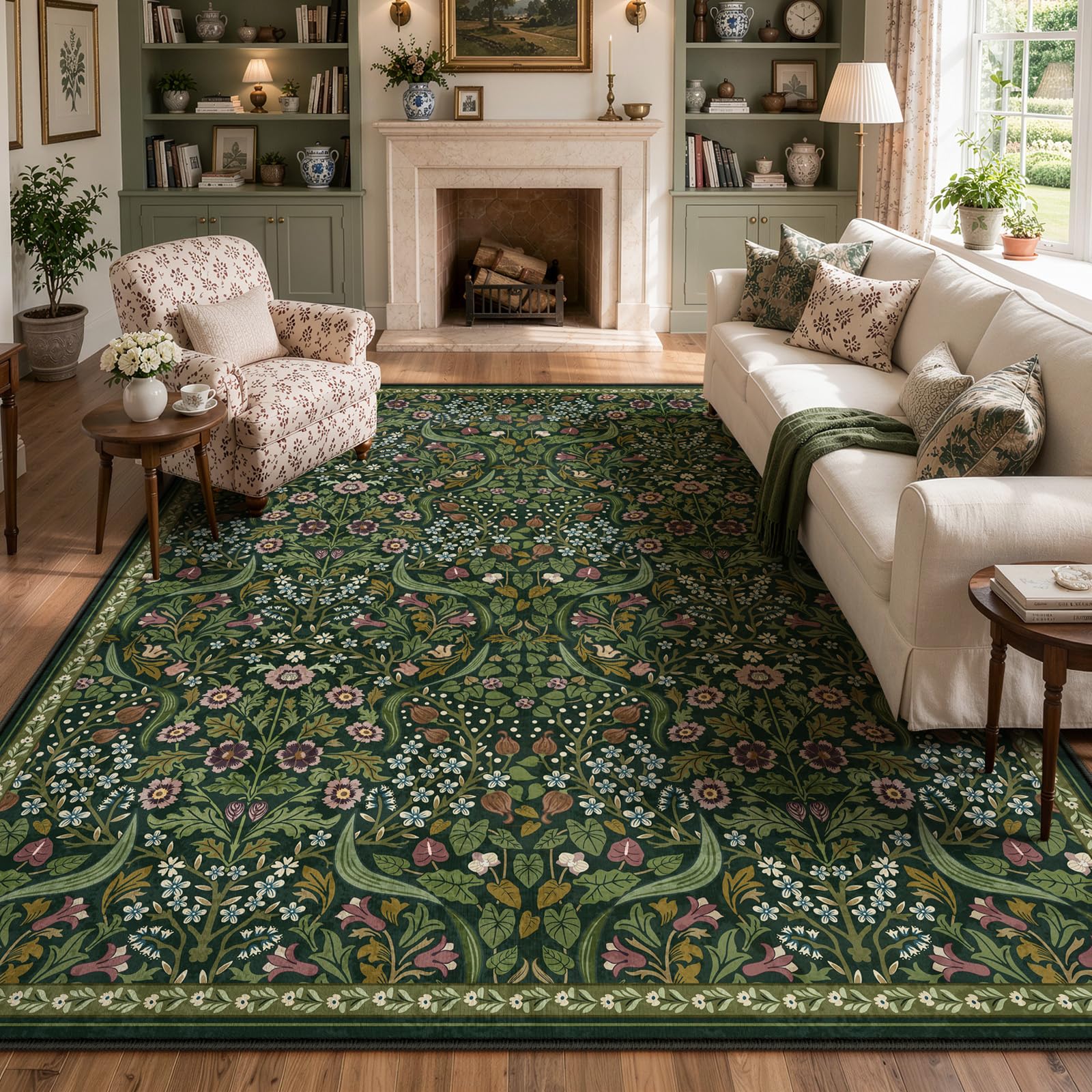 Lahome Olive Green Floral Rug 8x10, Washable Botanical Area Rug for Living Room, Soft Vintage Cottagecore Flower Dark Carpet for Dining Room, Bedroom, Nursery Home Decor