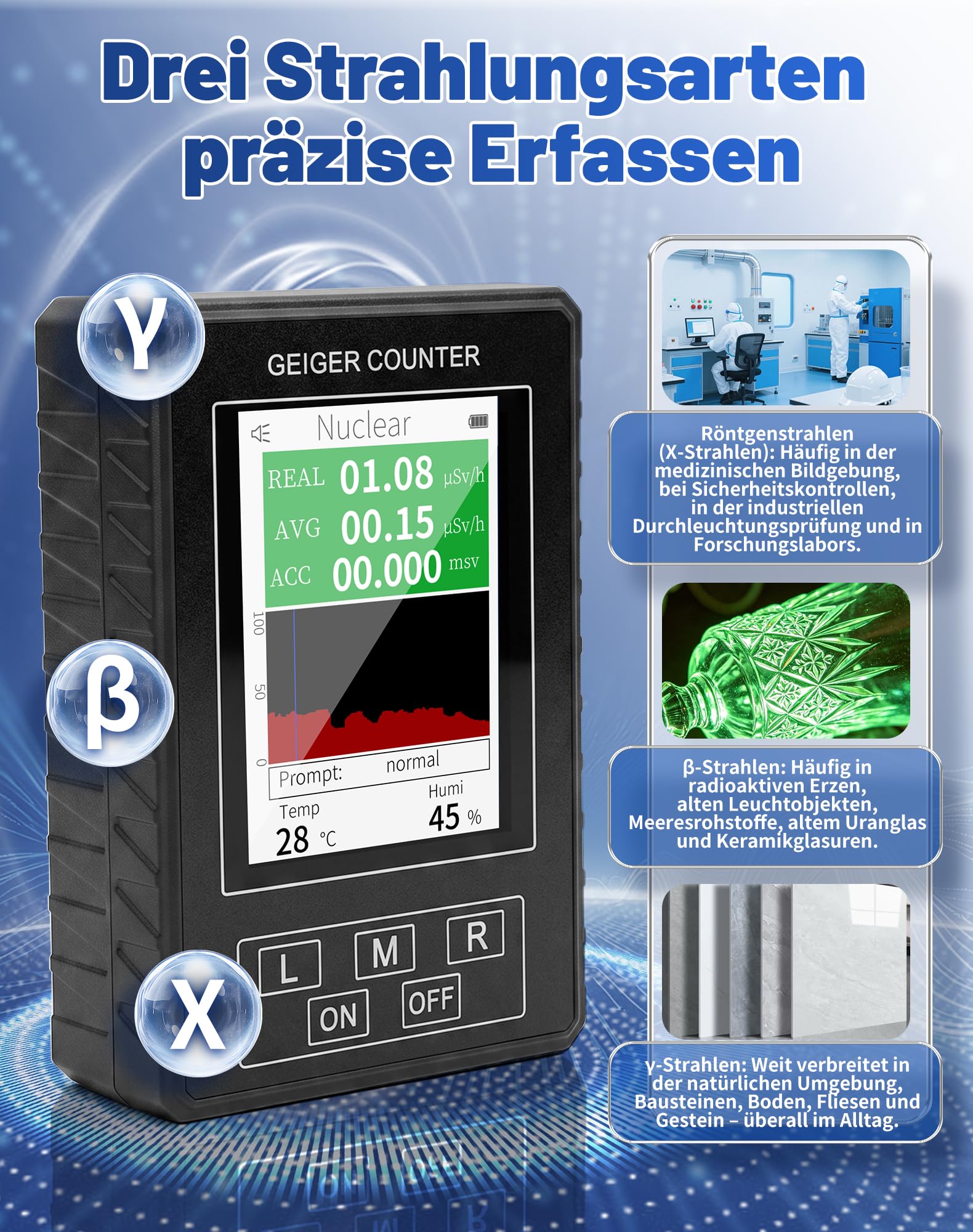 Geigerzähler Radioaktivität, Hochpräzises Strahlungsmessgerät & Dosimeter für Beta Gamma Röntgen, inkl Temperatur & Luftfeuchtigkeitsmessung, Tragbarer Nuklearstrahlungsdetektor für Zuhause & Outdoor