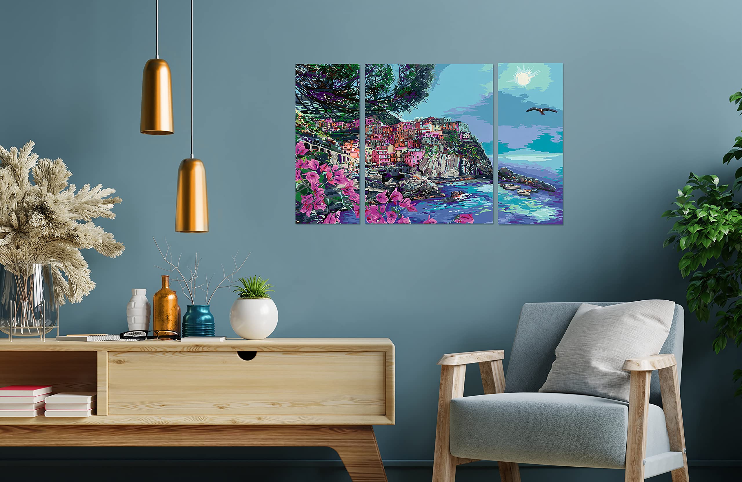 Ravensburger - CreArt Trittico, Le Cinque Terre, Italia, Kit per Dipingere con i Numeri, Contiene 3 Tavole Prestampate, Pennello, Colori e Accessori, Gioco Creativo e Relax per Adulti 14+ Anni