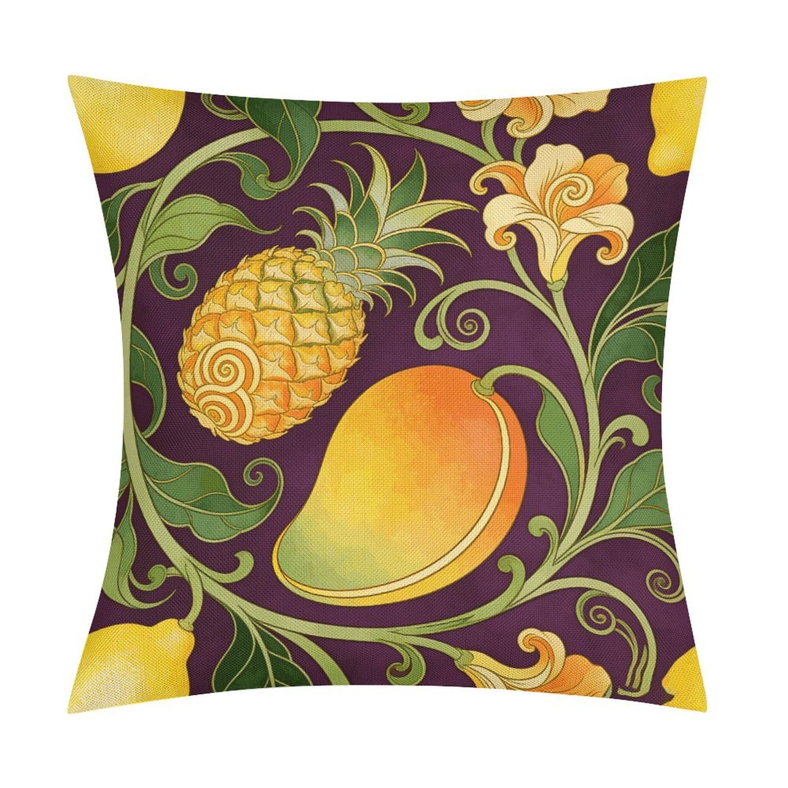Lemon Tropical Fruits Flowers Leaves Throw Pillow Covers, Waterproof Faux Linen Pillow Cases with Invisible Zipper, Decorative Square Cushion Covers for Sofa Couch Living Room Bedroom 18x18 Inch