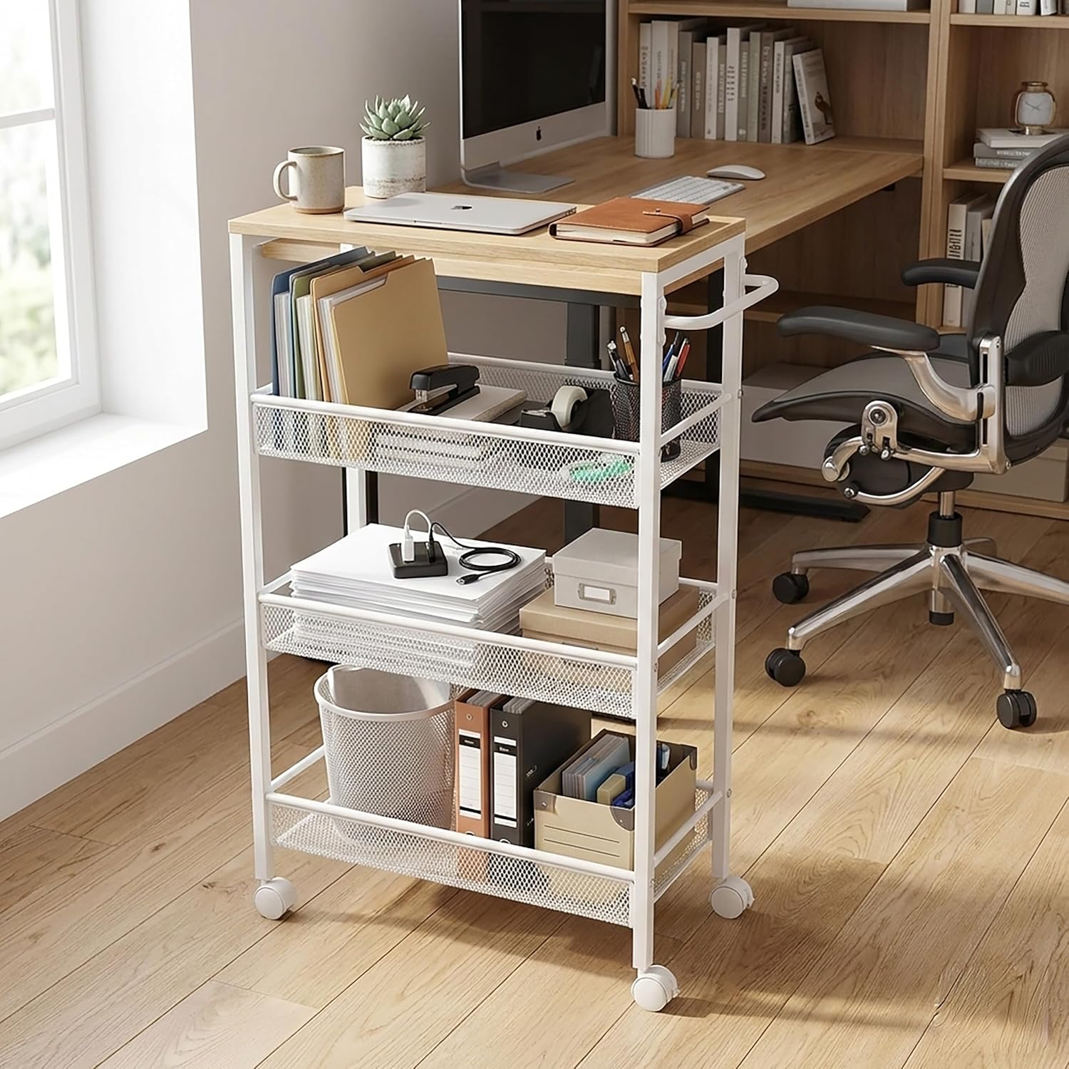Relaxdays Niche Trolley, H x W x D: 77 x 22 x 45 cm, Narrow Recess Shelf, Bathroom & Kitchen, 4 Levels, Metal Rolling Shelf, Natural/White