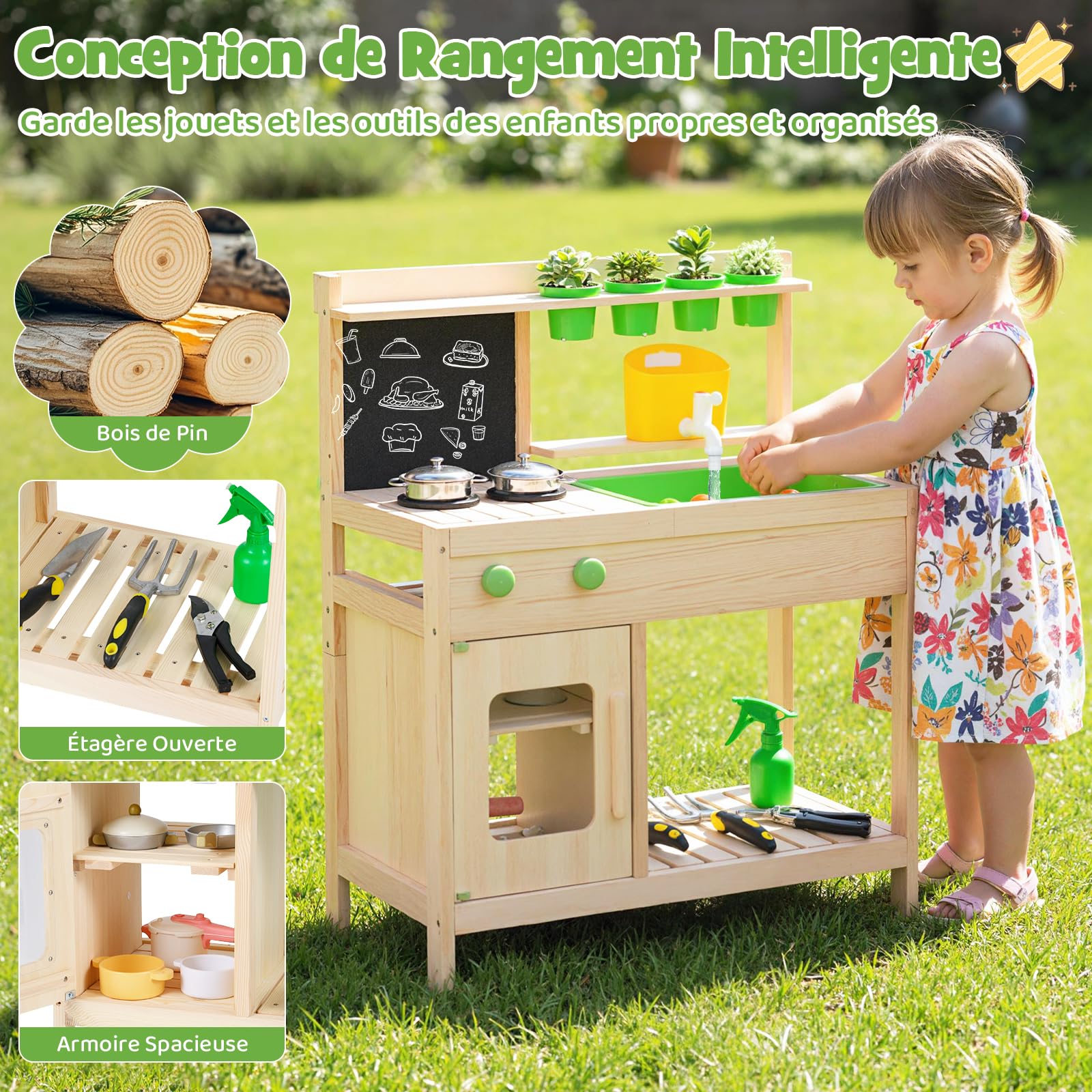 COSTWAY Cuisine Extérieure Enfant en Bois de Pin avec Tableau Noir et 4 Pots, Cuisine de Boue avec Évier et Réservoir d'eau et Robinet, Étagère, Jeu d'Imitation Boueuse pour Jardin Balcon, 3 Ans+